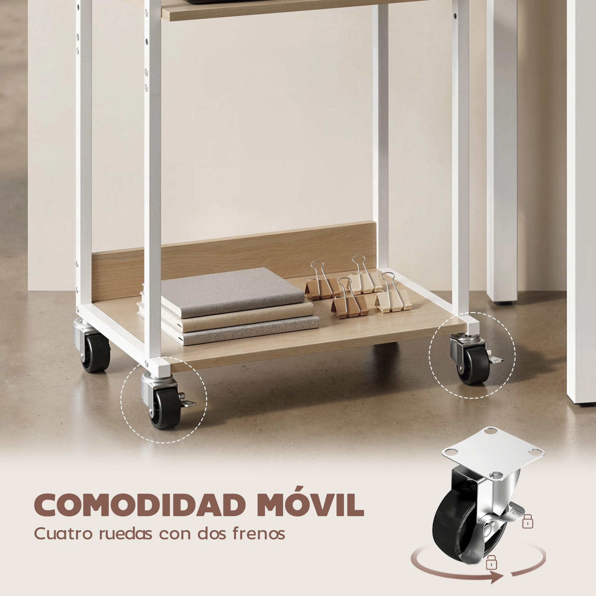 Un carrito blanco con ruedas y estantes de madera con material de oficina.