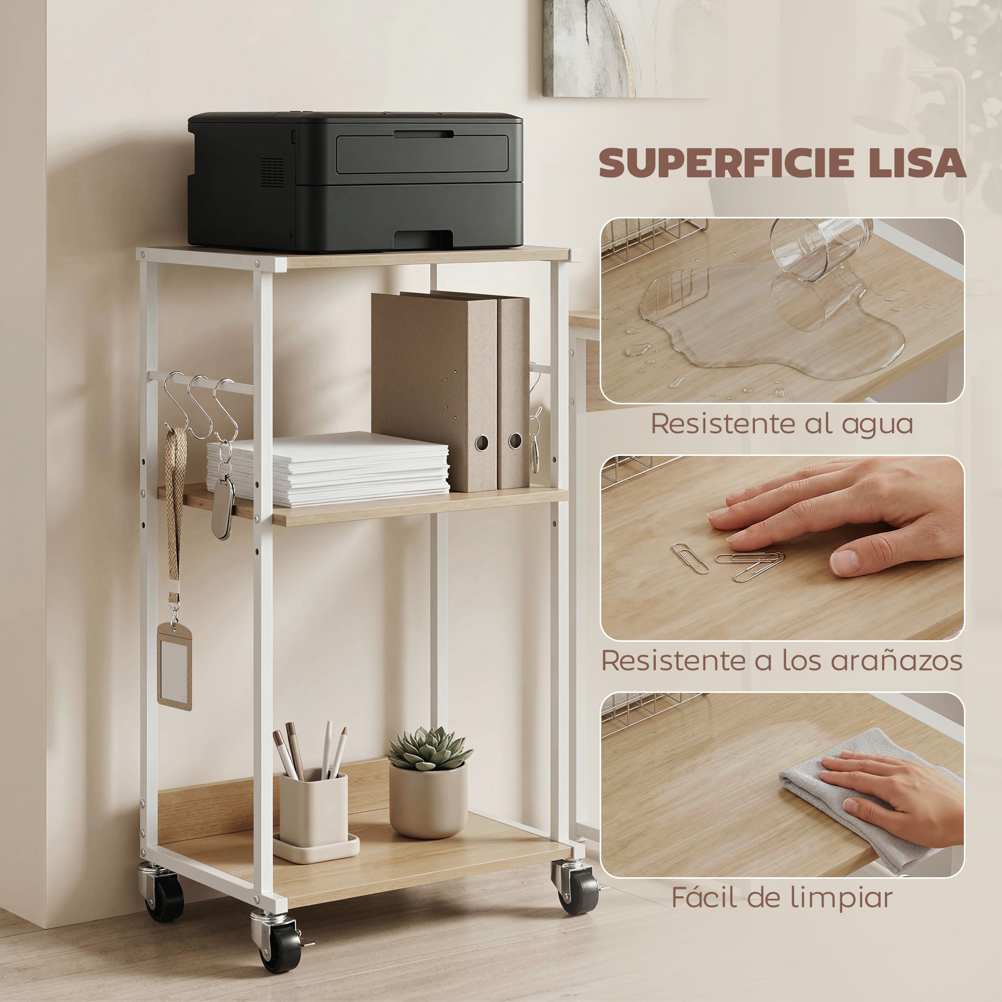 Un carrito de tres niveles con impresora, carpetas, material de oficina y planta.
