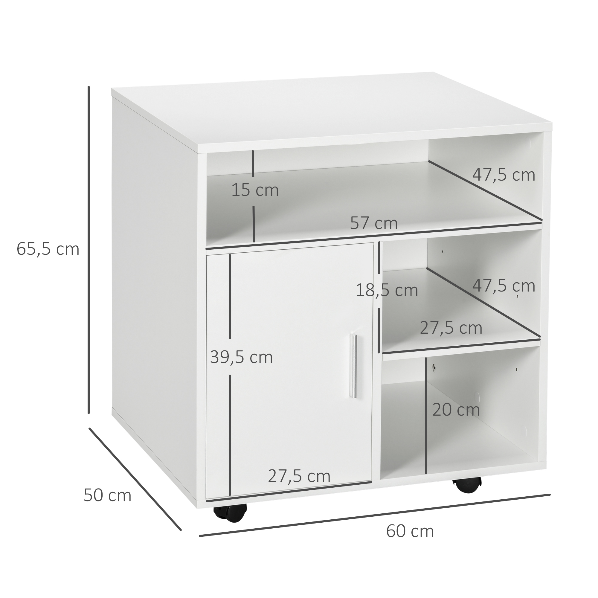 Armario blanco con una puerta, ruedas y estantes abiertos. Se muestran las dimensiones.