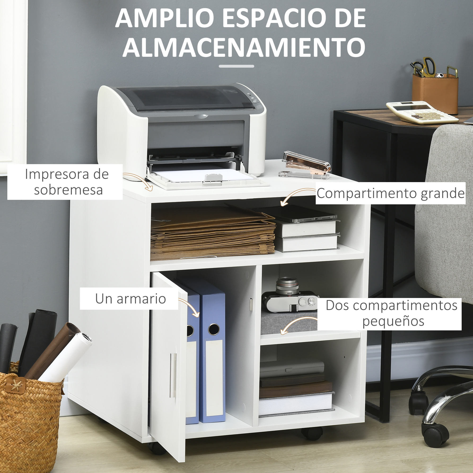 Un mueble de almacenamiento blanco con impresora, carpetas y cámara.