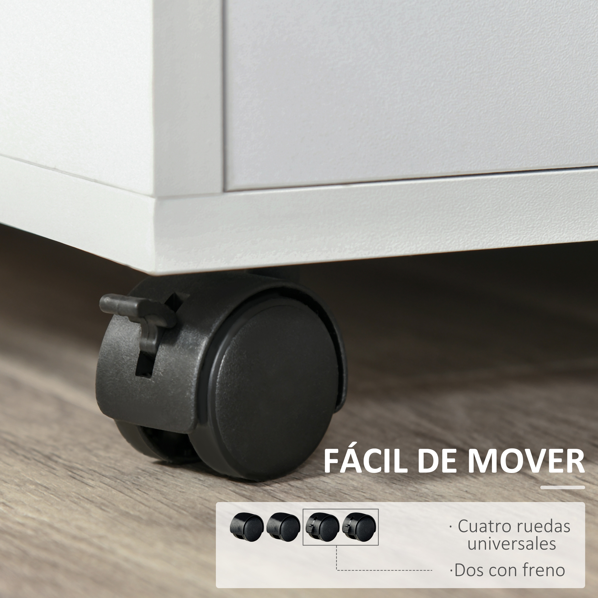 Mueble blanco con ruedas negras sobre suelo de madera. Texto: FÁCIL DE MOVER.