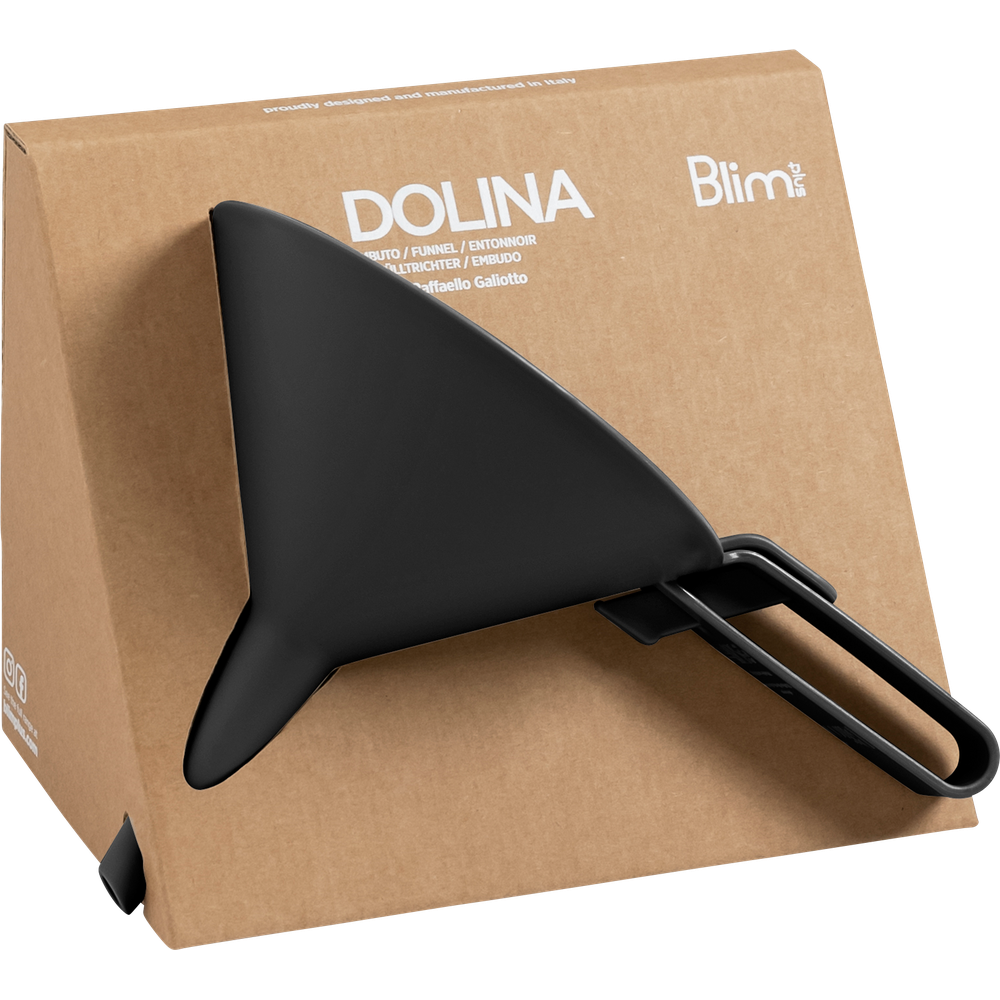 Schwarzer Dolina Trichter auf Kartonverpackung mit Aufdruck.