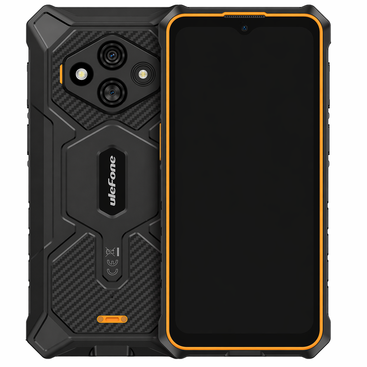 Smartphone robusto nero con bordo arancione, tripla fotocamera e logo UleFone.
