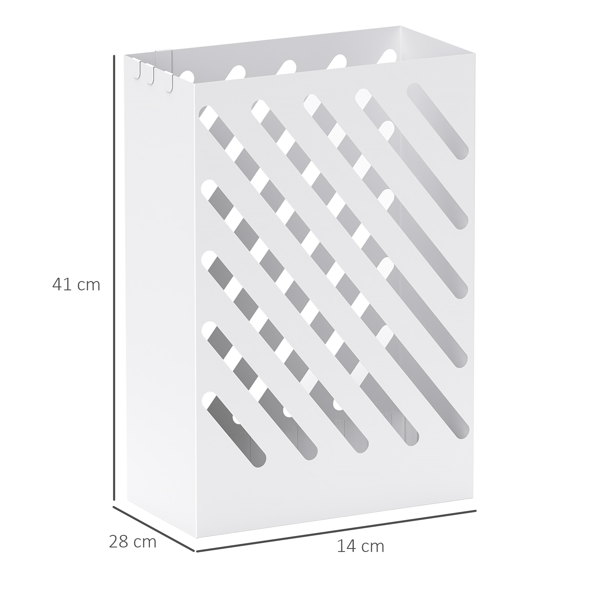 Un organizador blanco con ranuras diagonales, 41x28x14 cm.