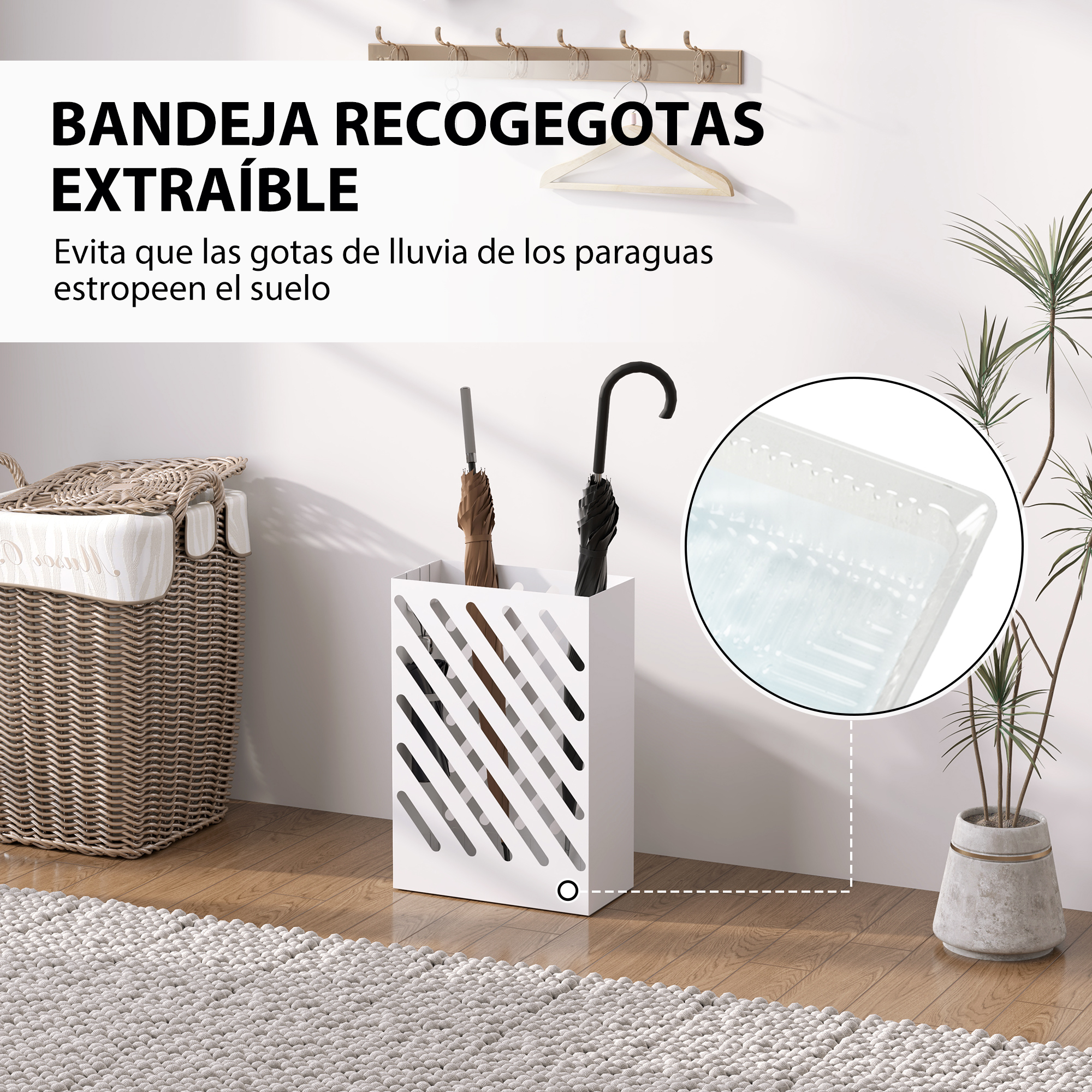 Un paragüero blanco con dos paraguas y una cesta al lado.