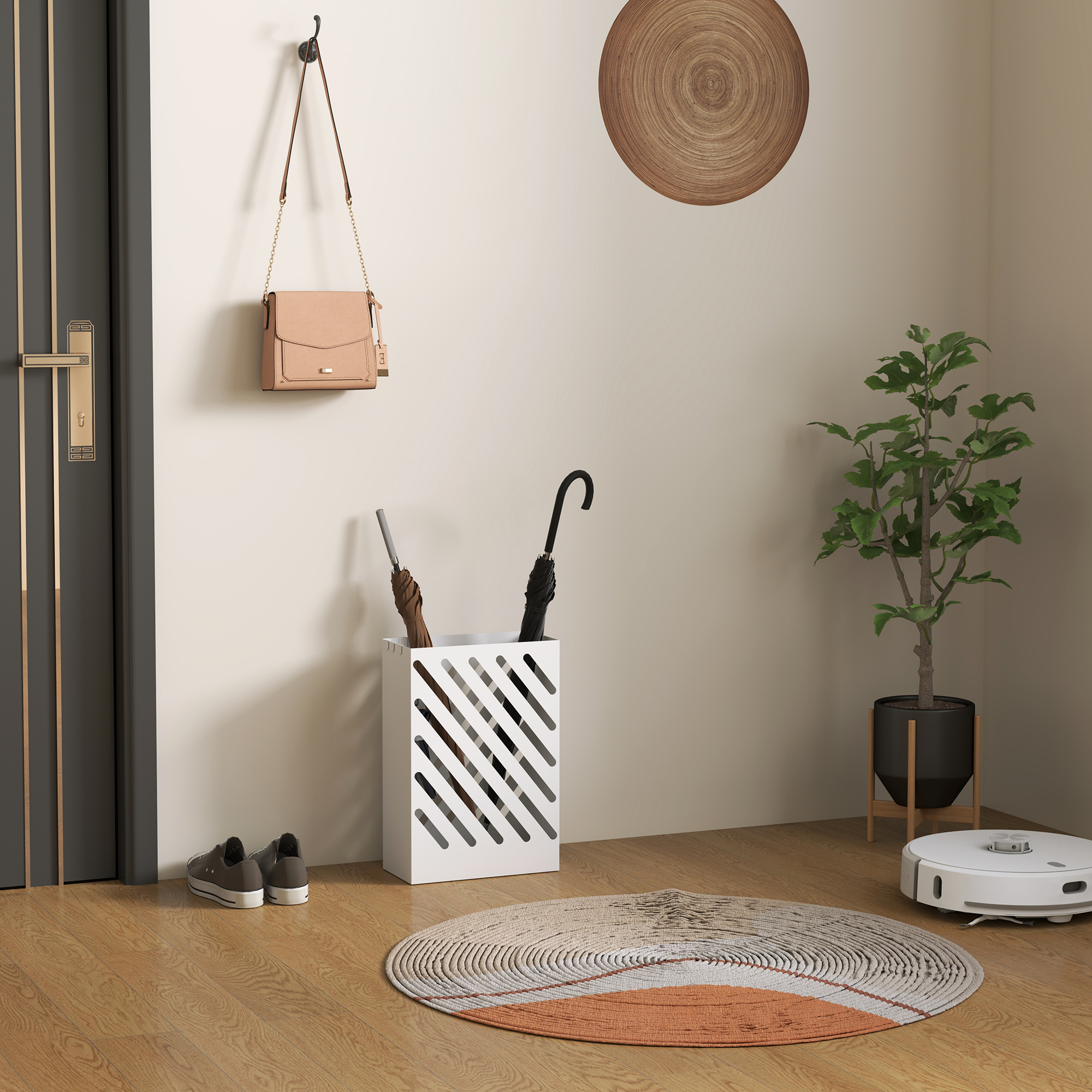 Un pasillo con zapatos, bolso, paragüero, planta y robot aspirador.