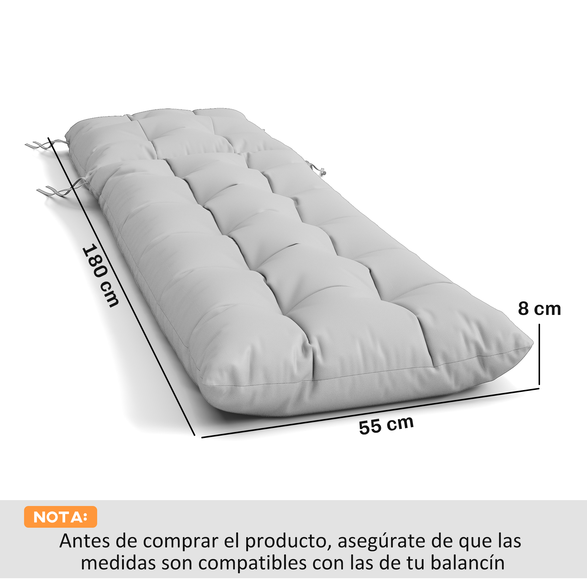 Cojín de banco tapizado gris 180x55x8 cm con cintas.
