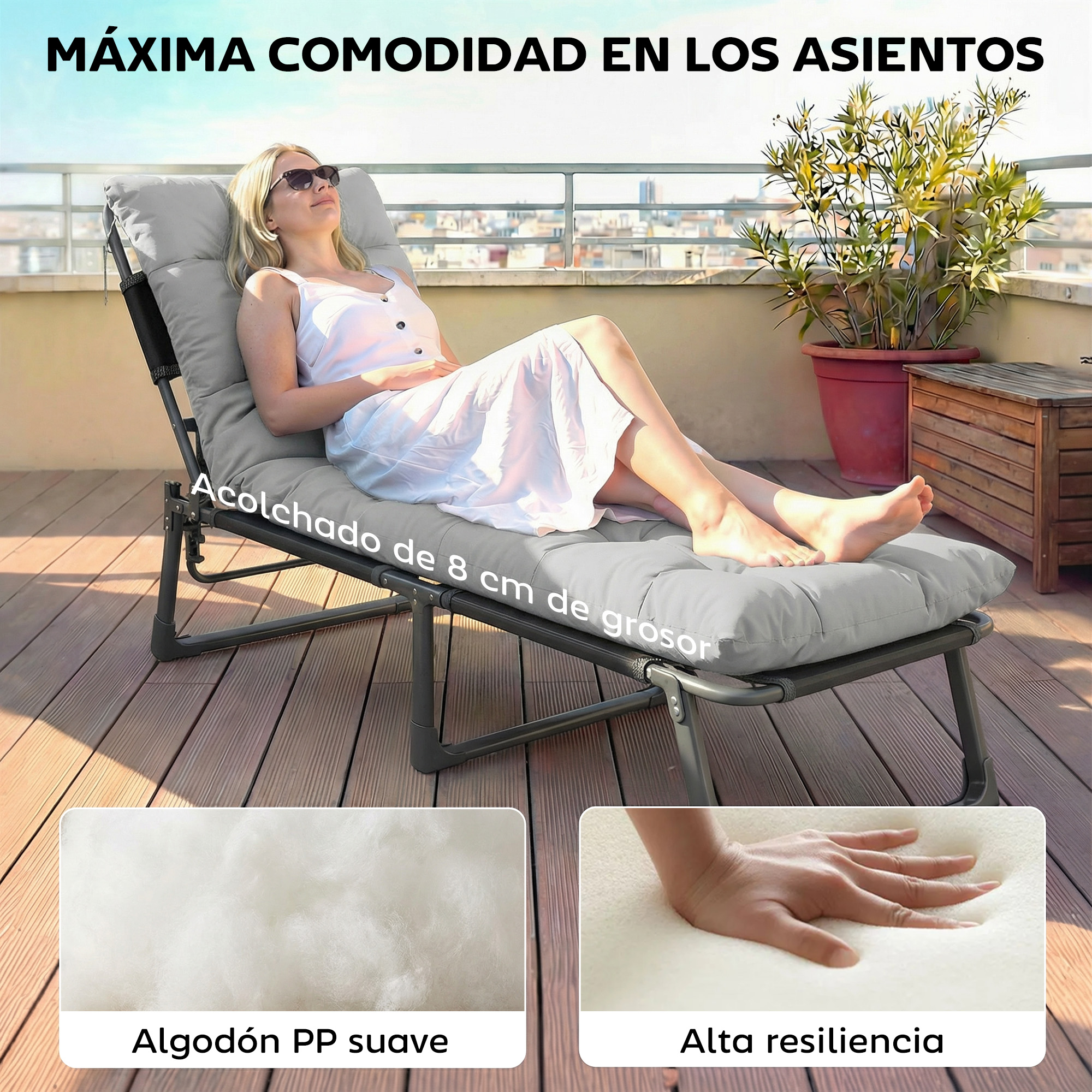 Una mujer se relaja en una tumbona gris en un balcón de madera. Primeros planos.