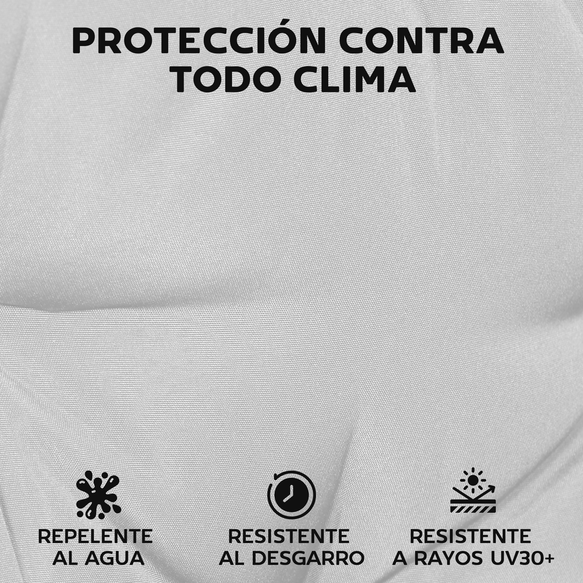 Texto con iconos: Repelente al agua, resistente al desgarro, UV30+.