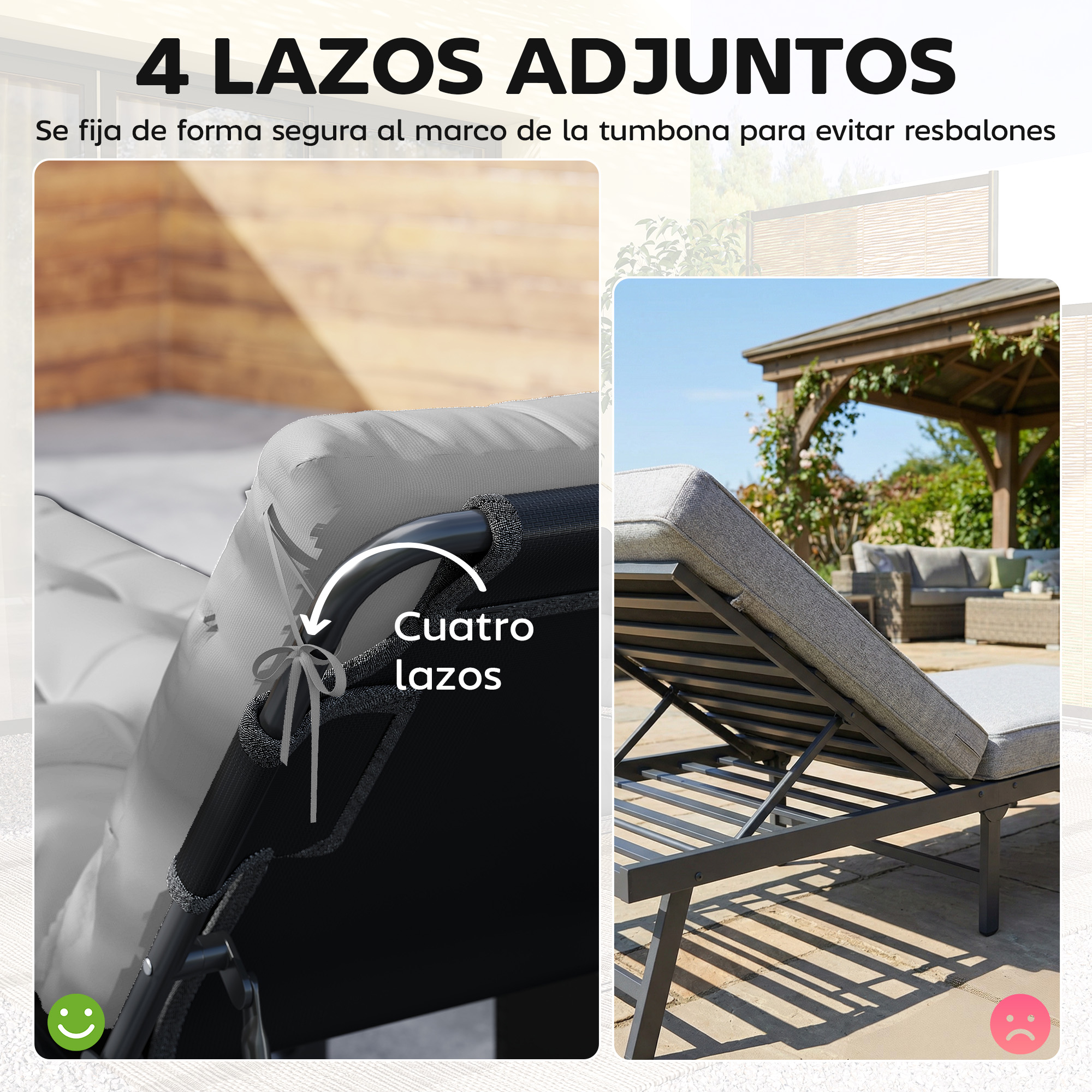 Cojín de tumbona gris con cuatro lazos para fijación segura.