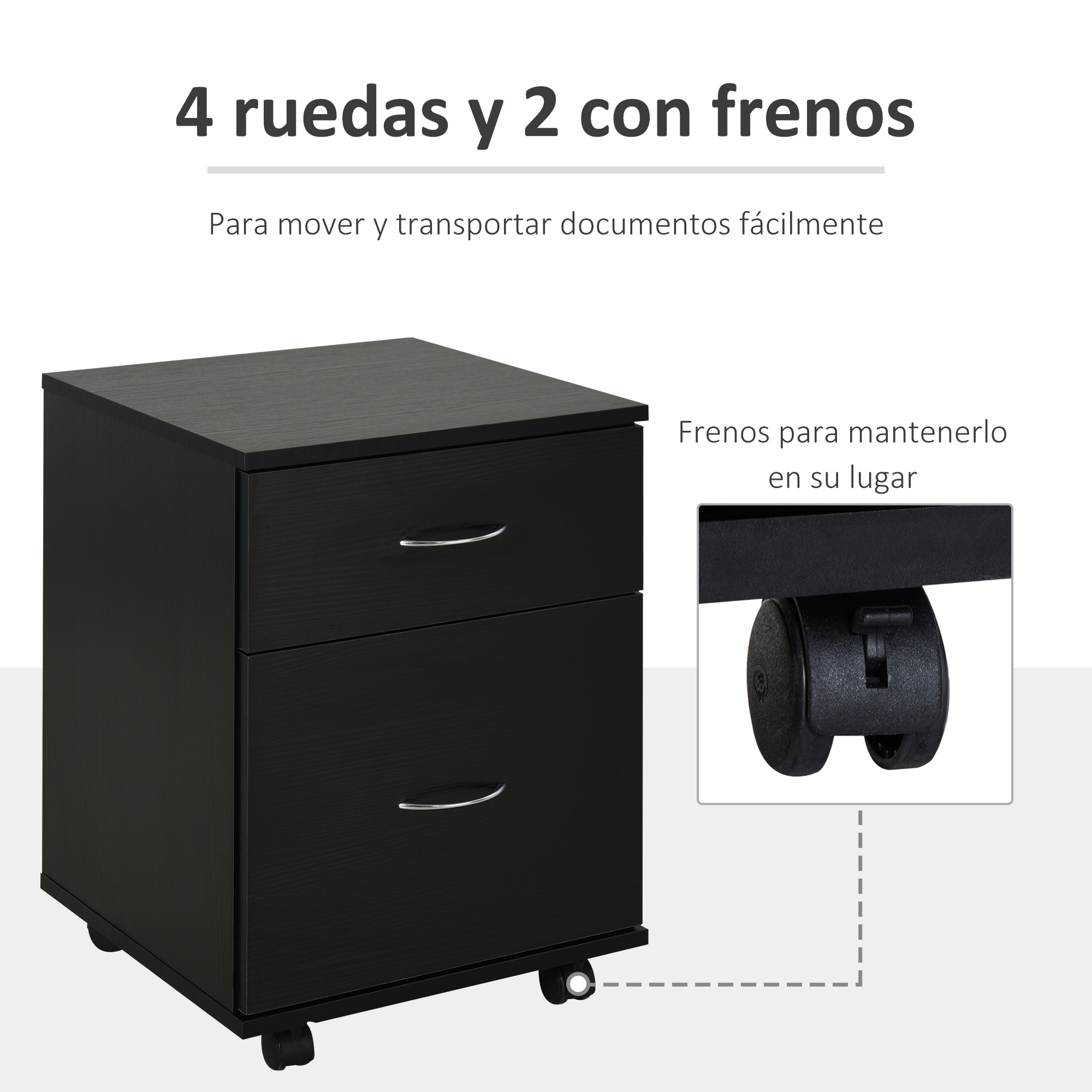 Archivador negro con dos cajones con ruedas. Primer plano de una rueda con freno.