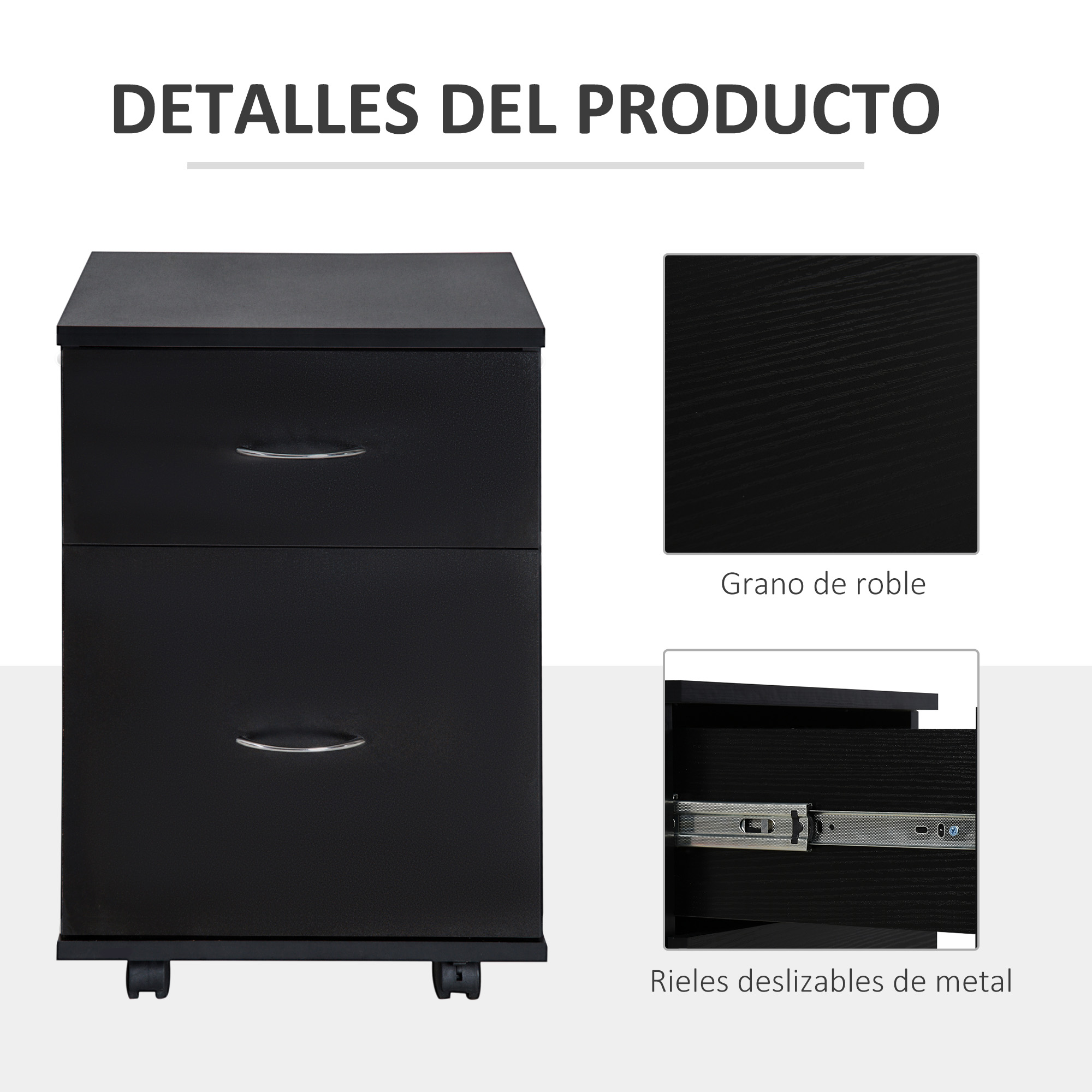 Archivador negro de dos cajones con tiradores plateados y ruedas.