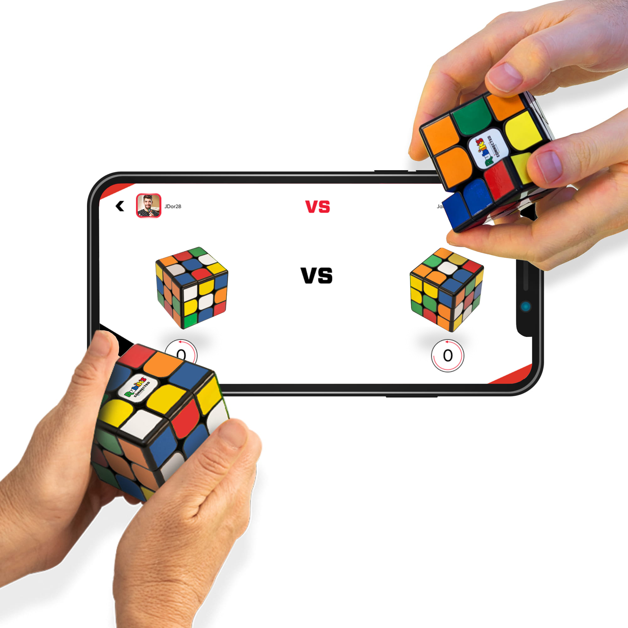 Mani tengono cubi di Rubik davanti a uno schermo di smartphone con VS.