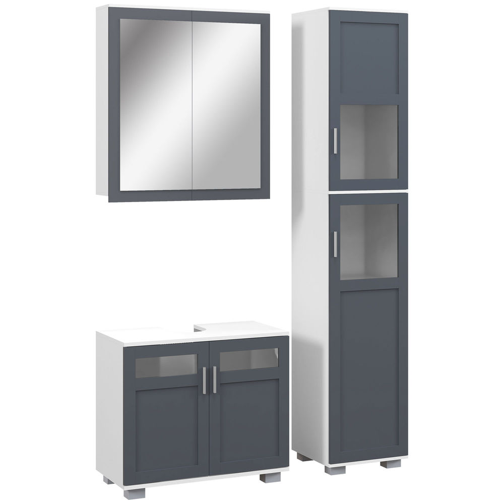 Un juego de muebles de baño con mueble de espejo, mueble bajo y mueble alto.