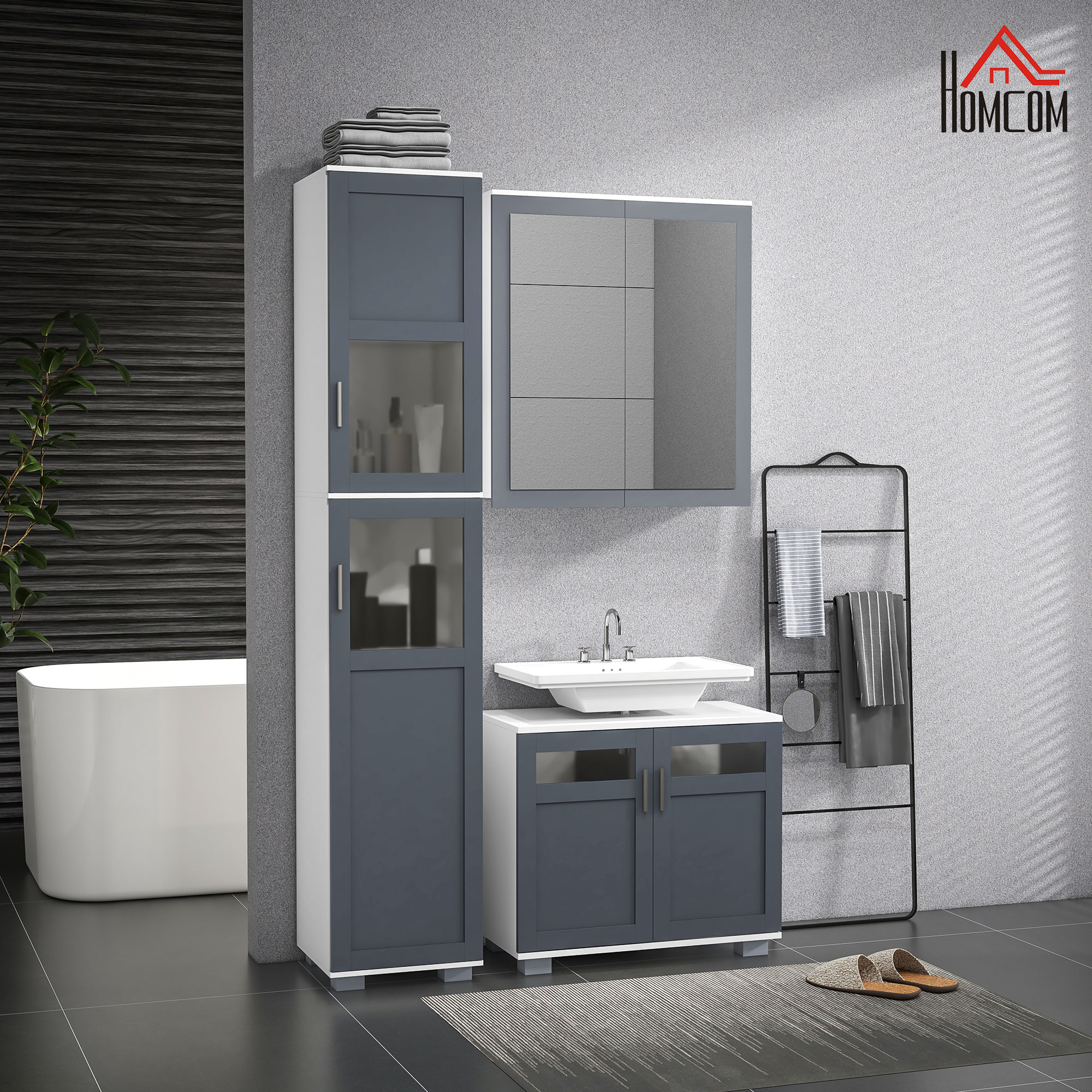 Un baño con un mueble alto, tocador, espejo y bañera.