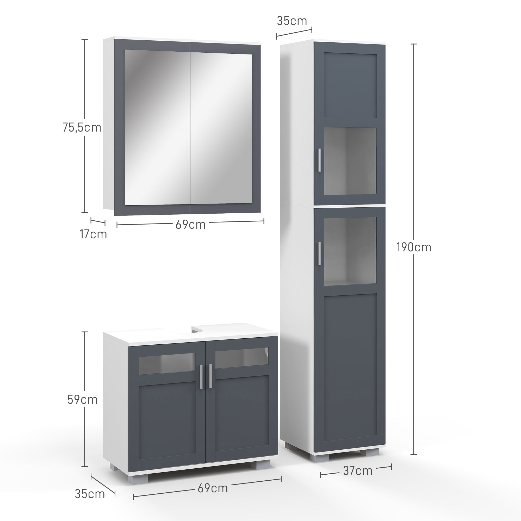 Un juego de muebles de baño con un armario de espejo, un mueble de tocador y un armario alto.