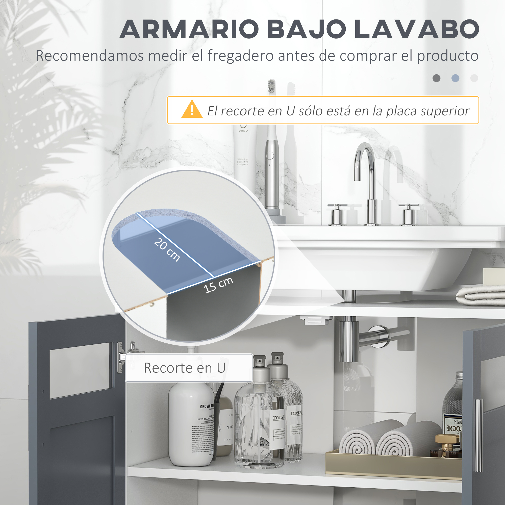 Mueble de baño con recorte en U, medidas 20x15cm. Lavabo, grifo, artículos de tocador.