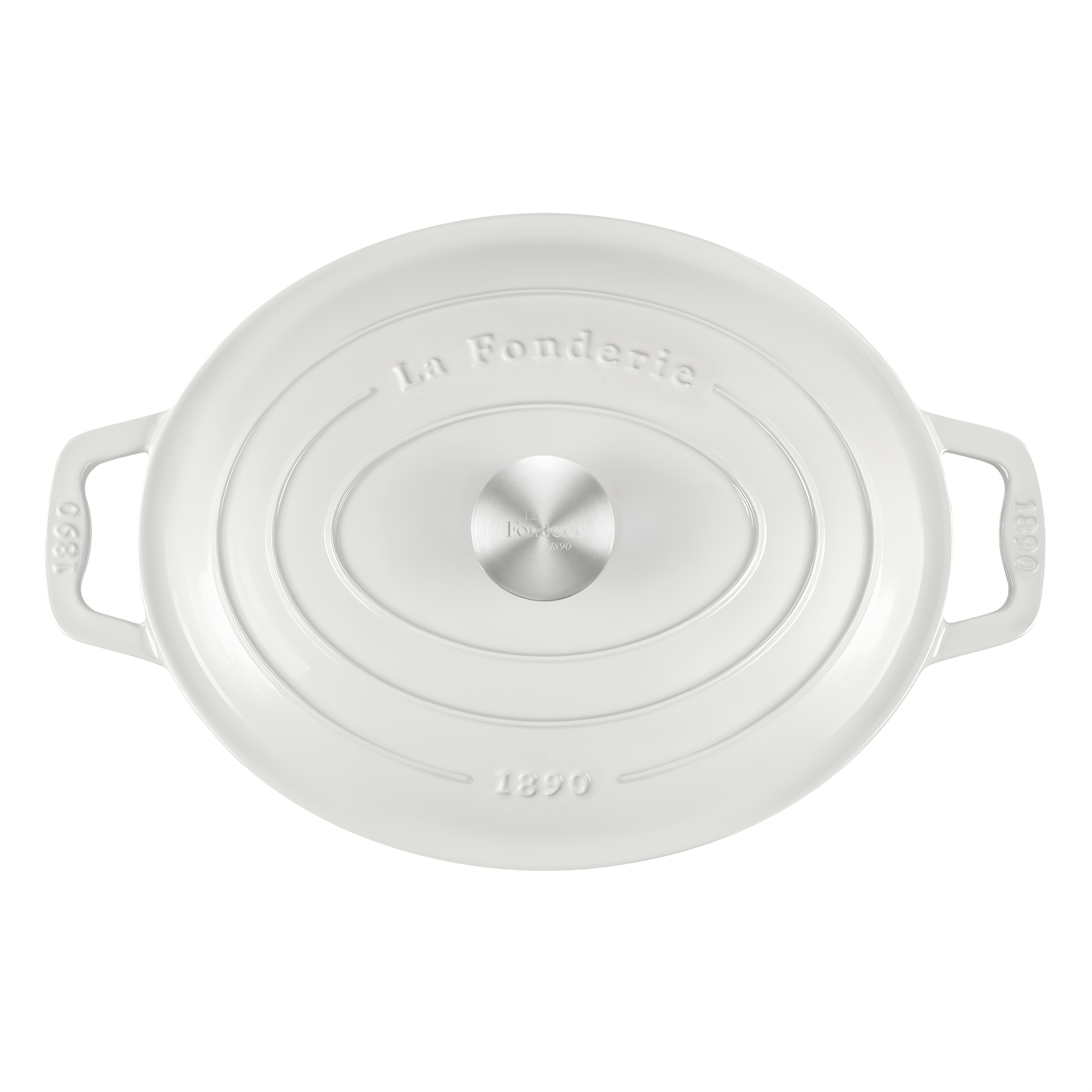 Olla ovalada blanca con tapa y pomo plateado, con texto en relieve.
