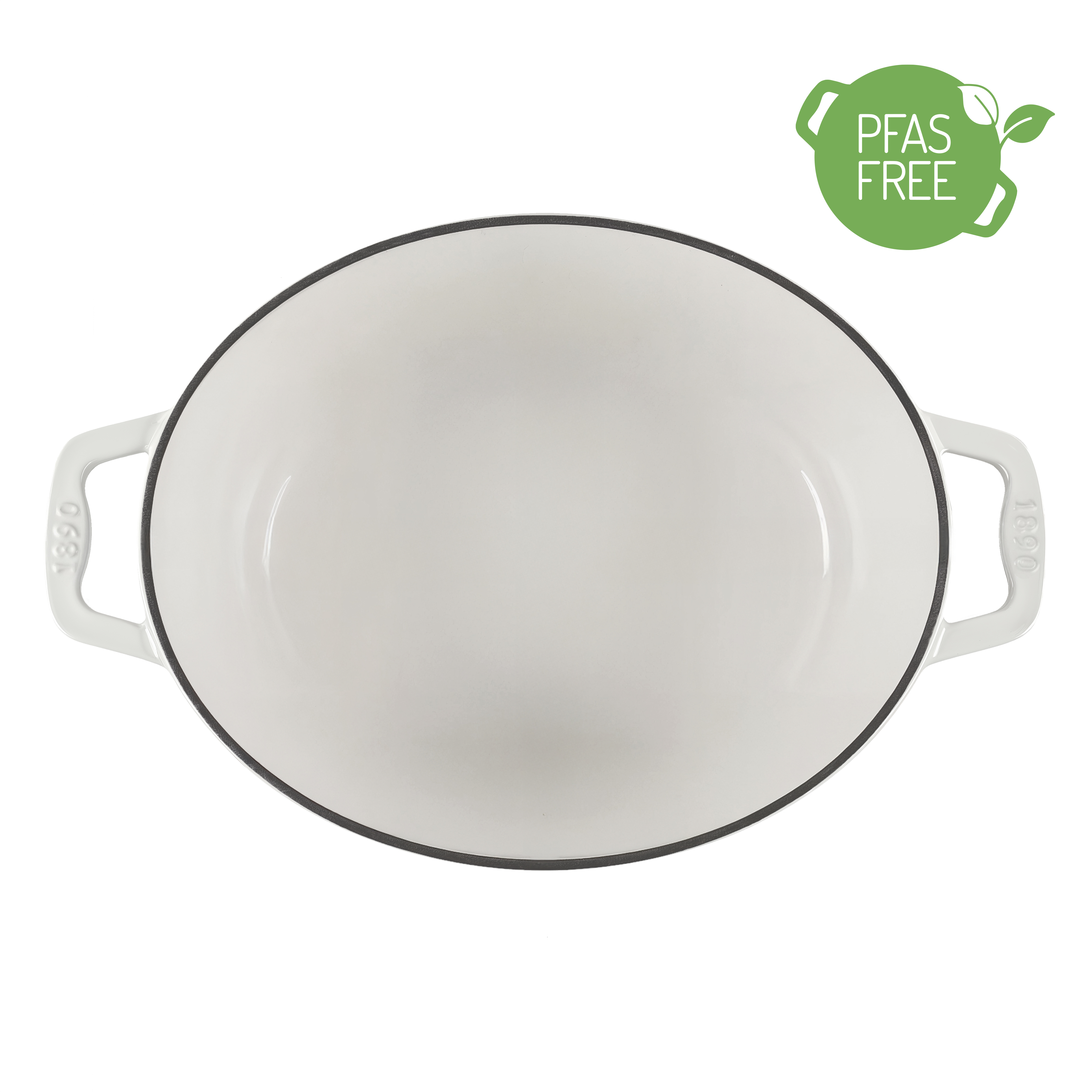 Cacerola ovalada blanca con asas y borde negro. Sin PFAS.