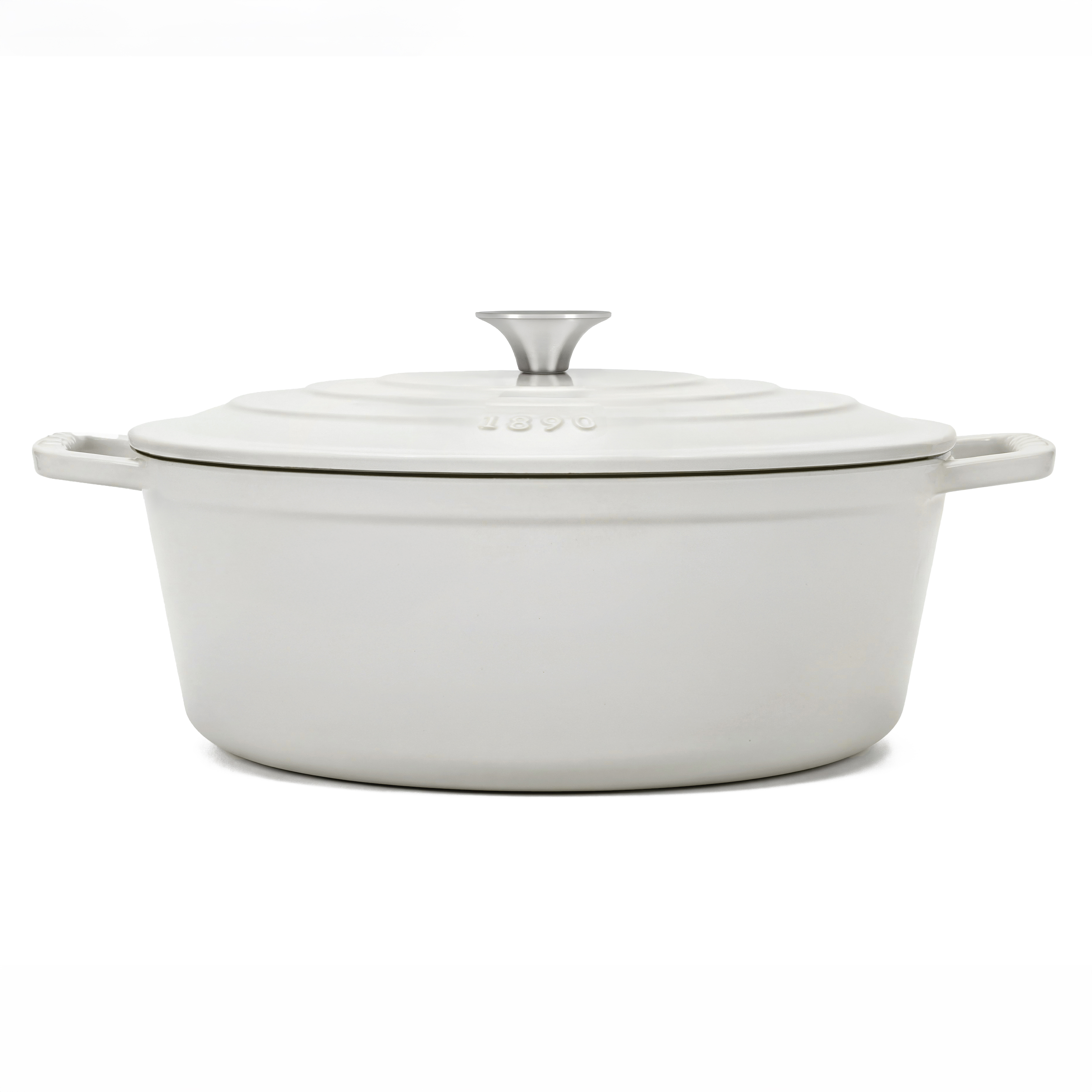 Una olla de hierro fundido blanca con pomo y tapa plateados.