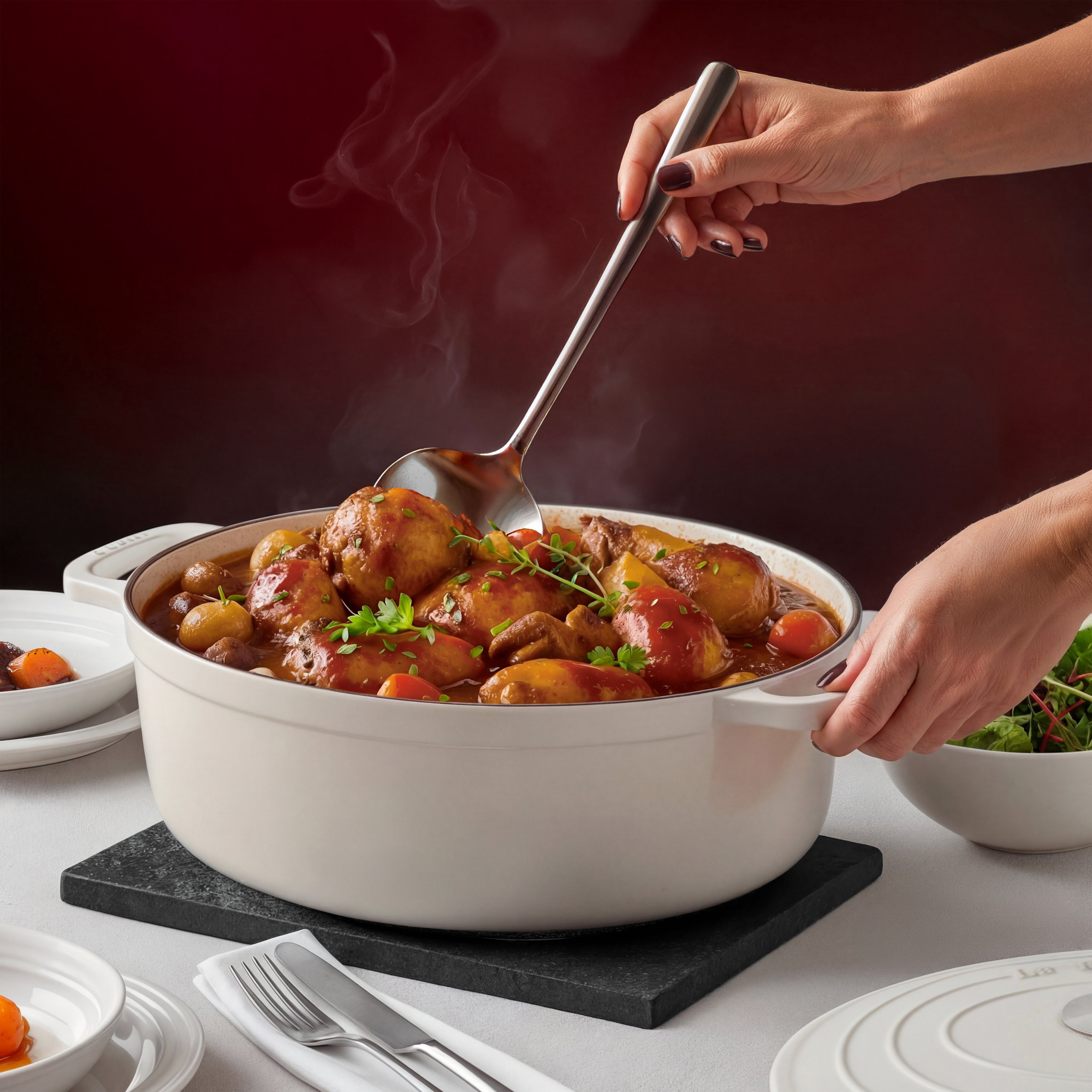 Una persona sirve estofado humeante de una olla con pollo, patatas y hierbas.