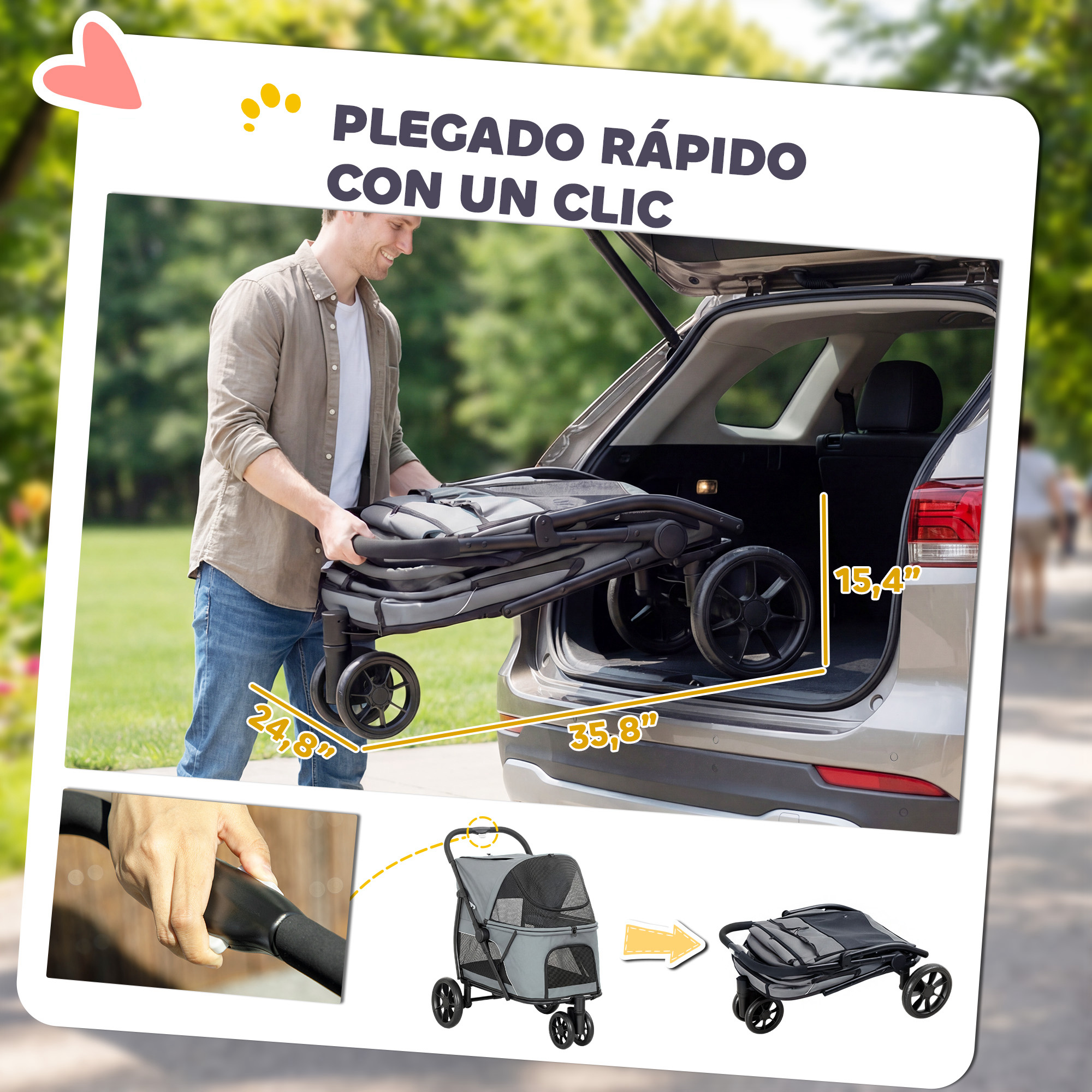 Hombre guarda cochecito en coche. Dimensiones: 24,8", 35,8", 15,4".