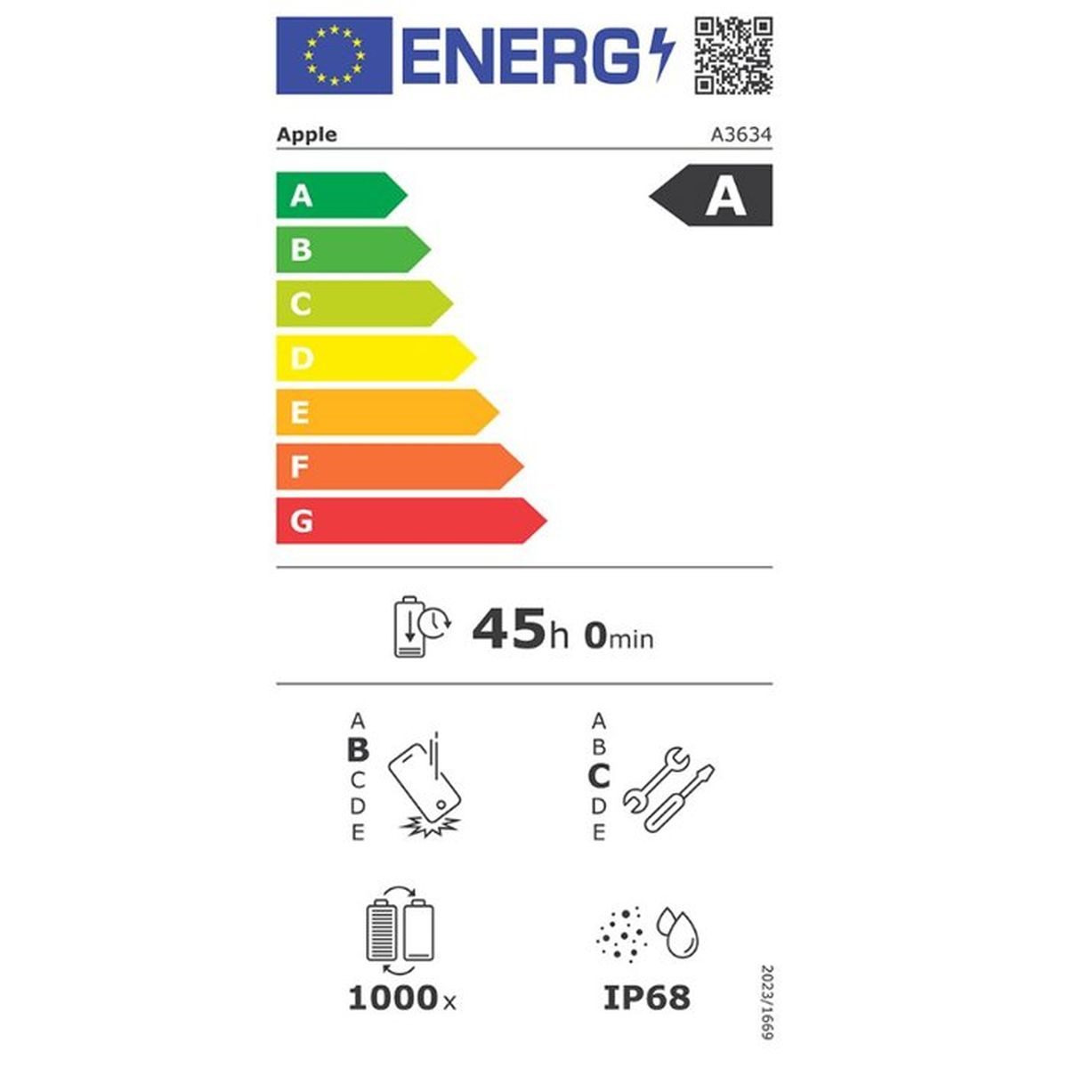 Etykieta energetyczna skala A-G, czas pracy baterii 45h, 1000 cykli ładowania, IP68.
