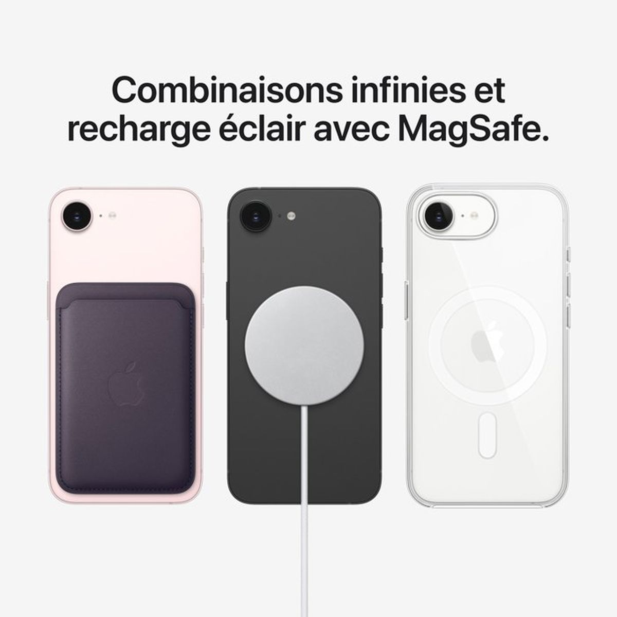 Trzy iPhone'y z akcesoriami MagSafe: Różowy z uchwytem na karty, czarny z ładowarką, biały z etui.