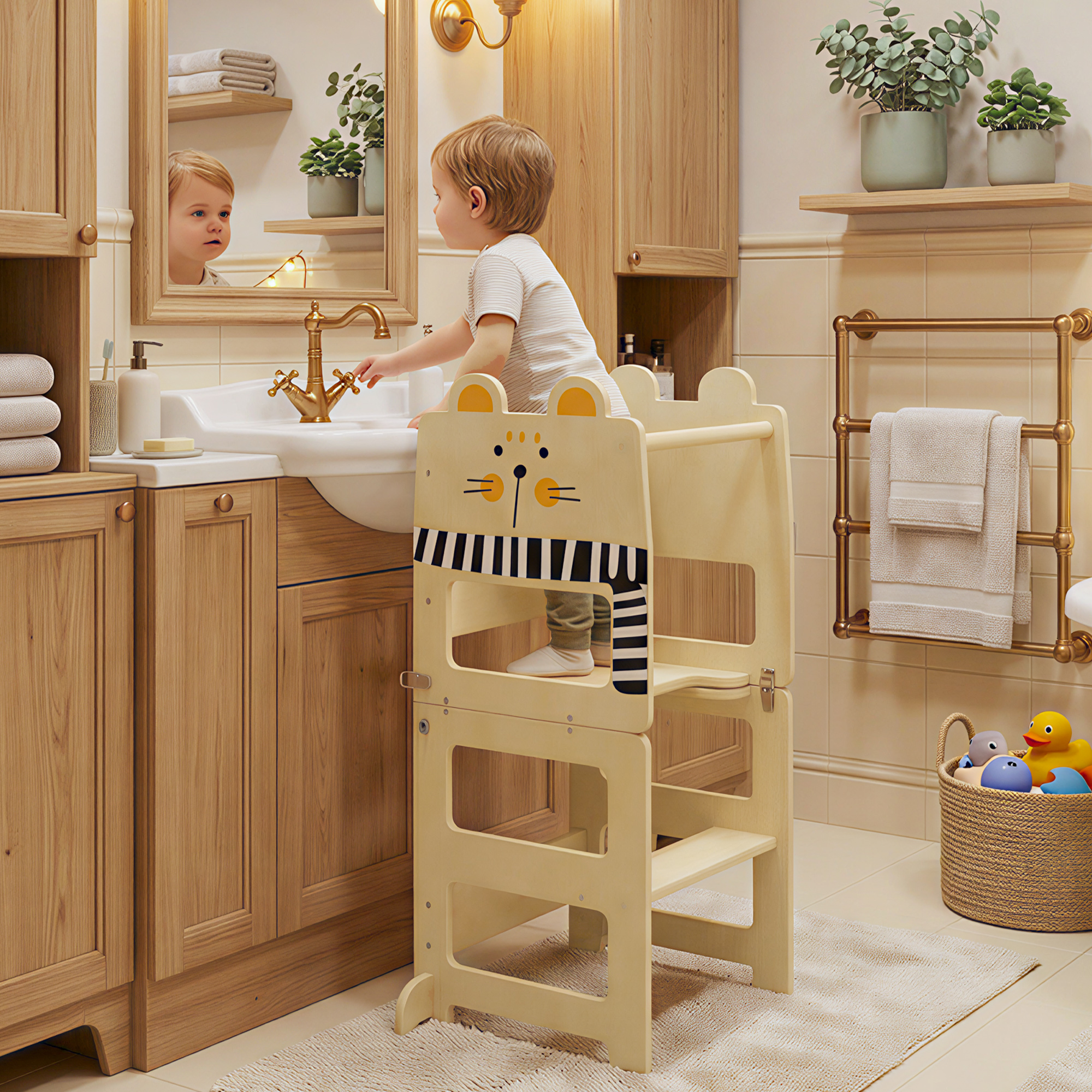 Un niño está en una torre de aprendizaje frente a un lavabo en un baño.