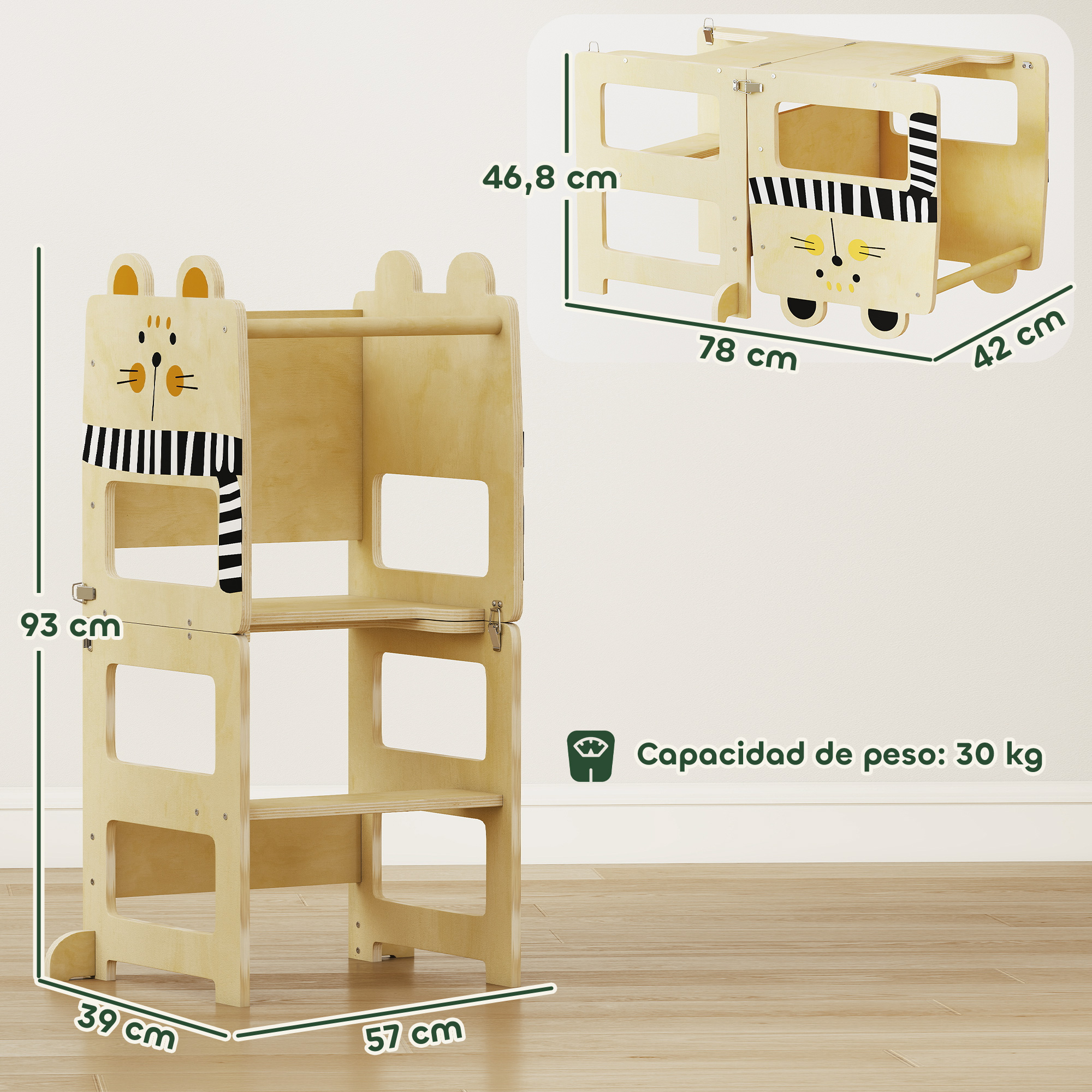 Una torre de aprendizaje de madera con diseño de oso y sus dimensiones.
