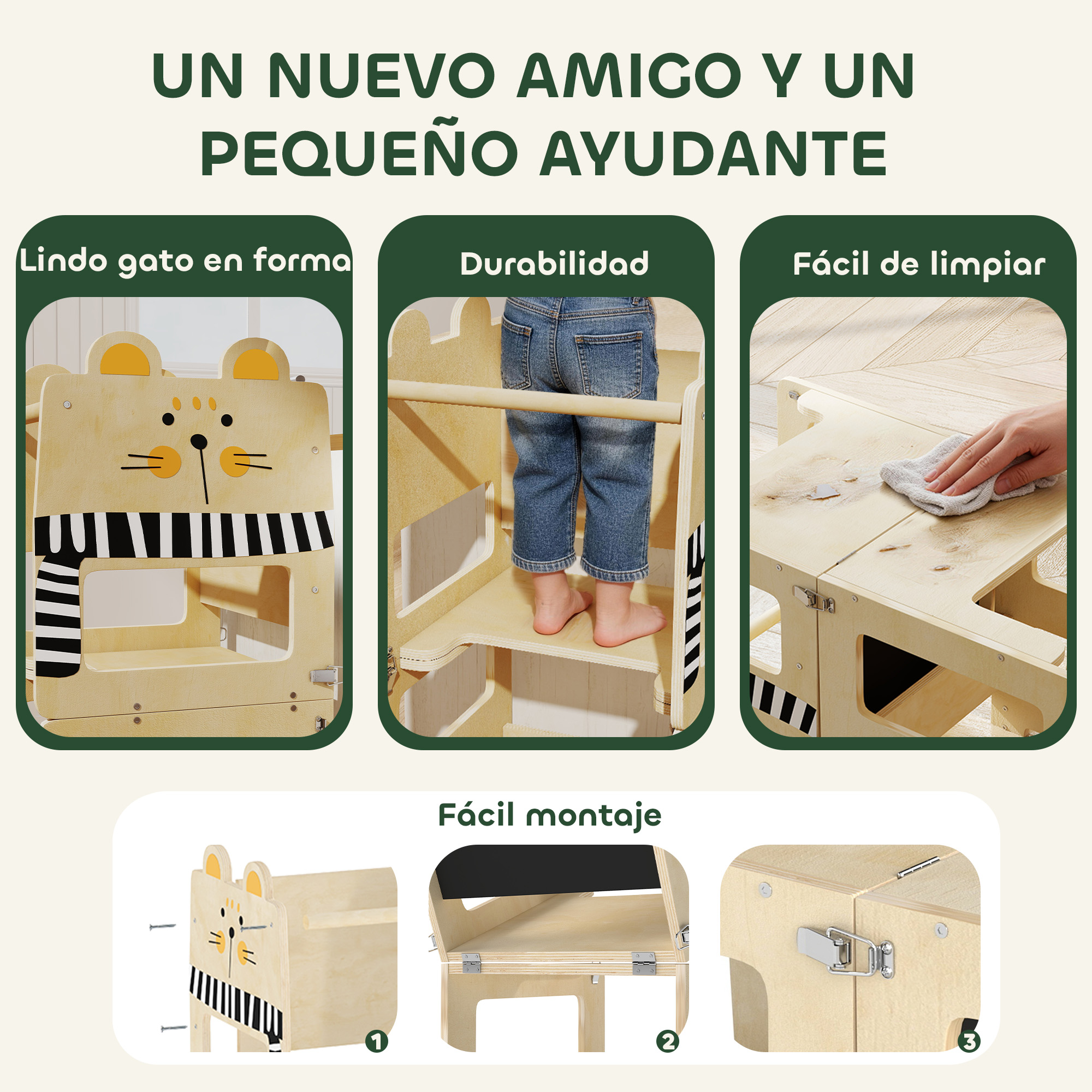 Torre de aprendizaje de madera con forma de gato, un niño la usa y la limpia.