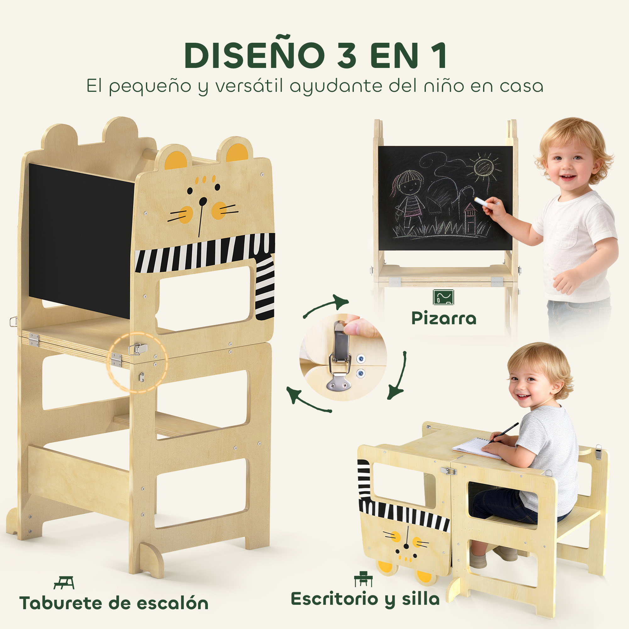 Un niño pequeño dibuja en una pizarra, otro se sienta en un escritorio. Un mueble de madera multifunción.