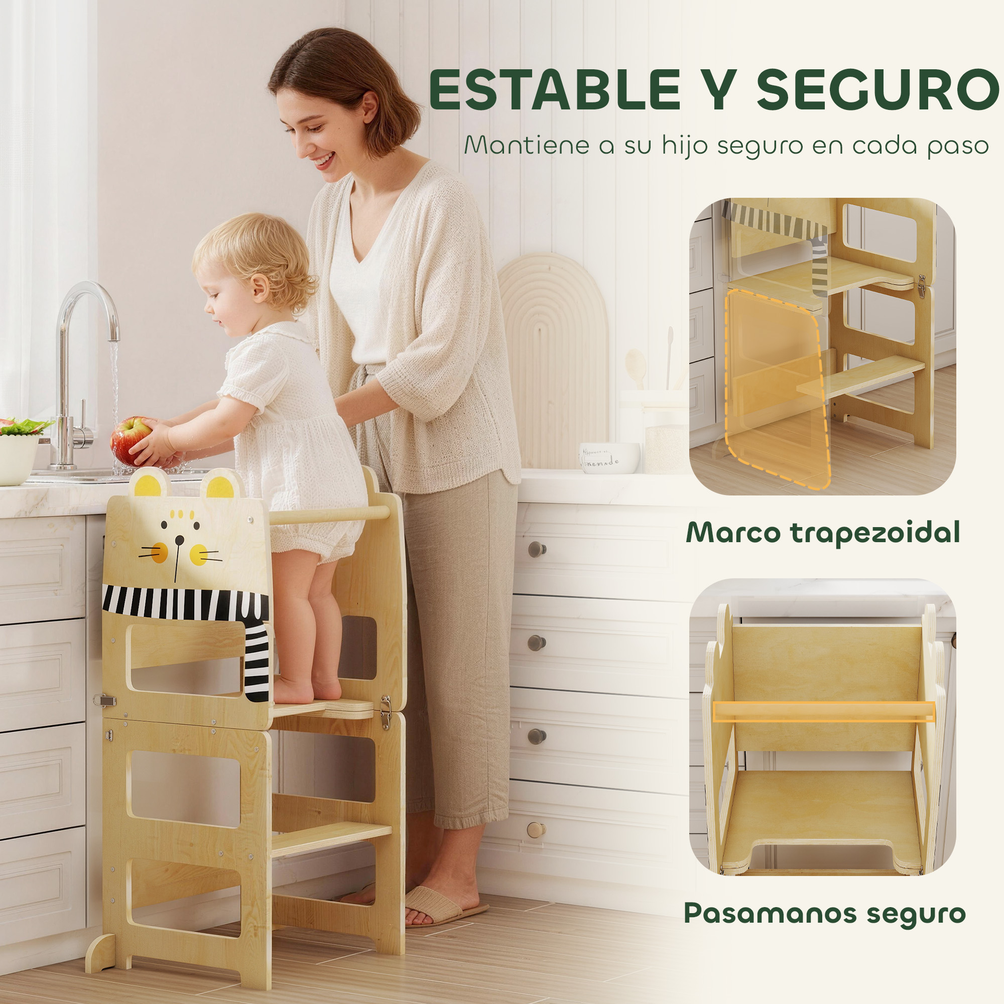 Madre e hijo en barra de cocina, niño de pie en taburete.
