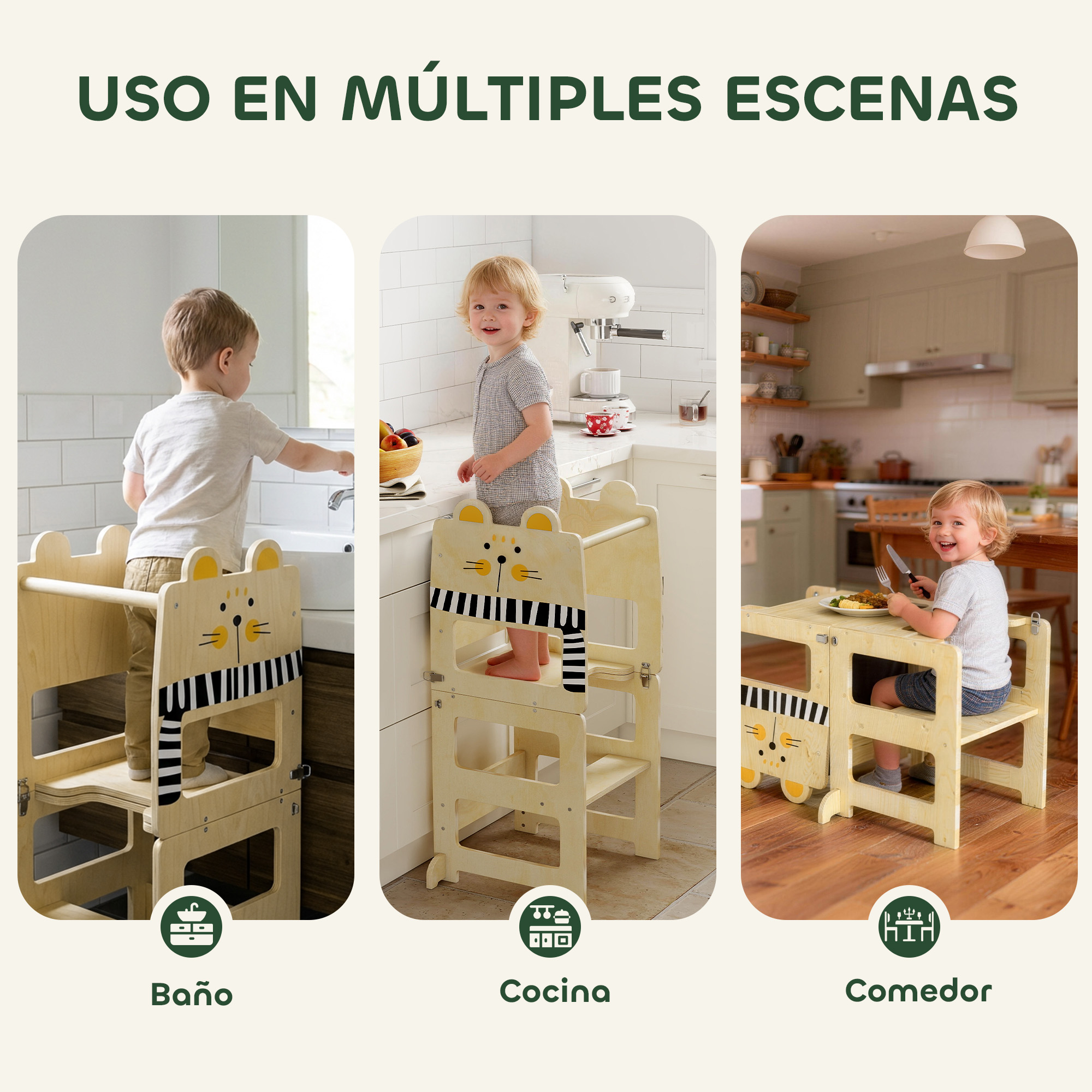 Un niño usa un taburete de madera en el baño, la cocina y el comedor.