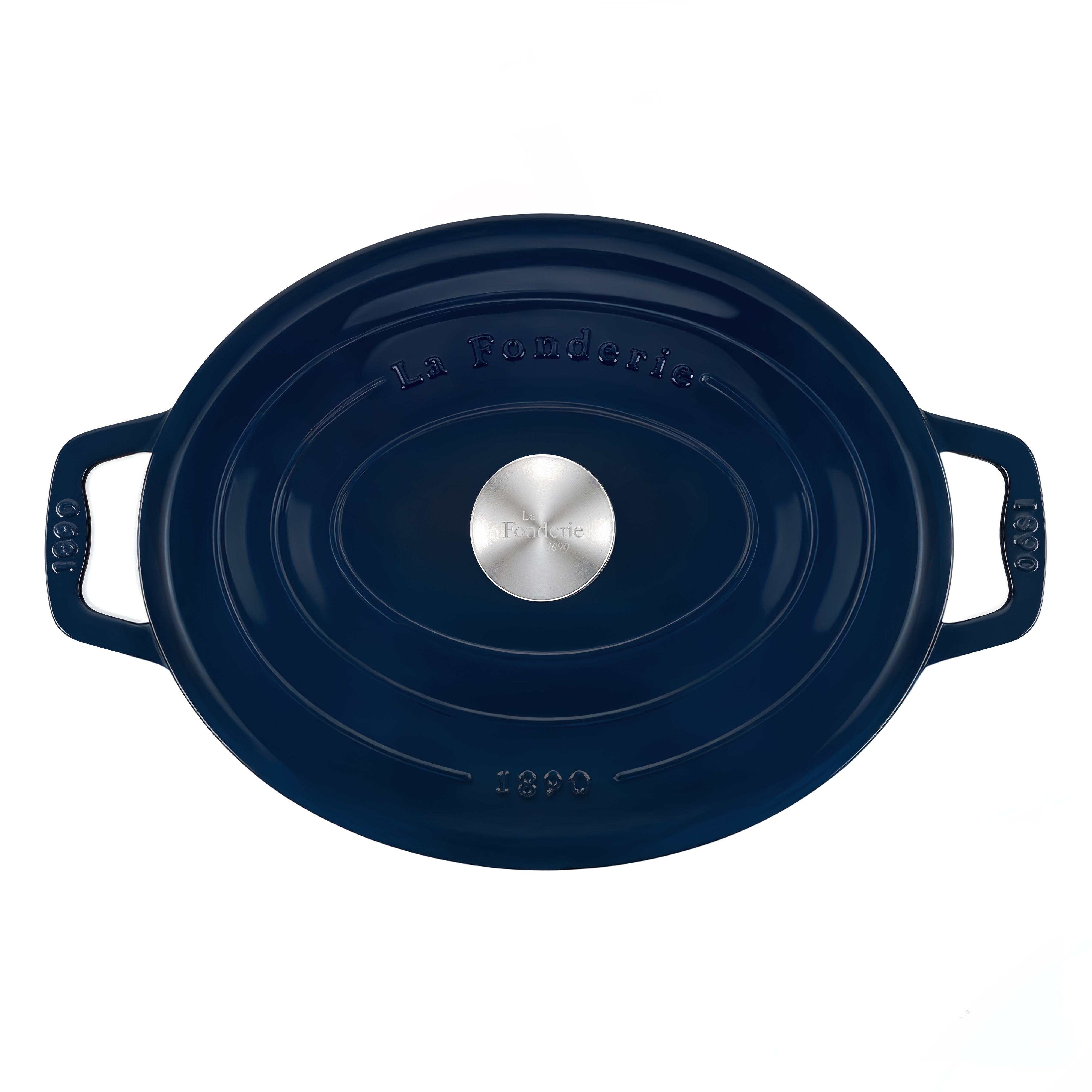 Dunkelblaue ovale Kochtopfdeckel mit Griffen und einem silbernen Emblem.