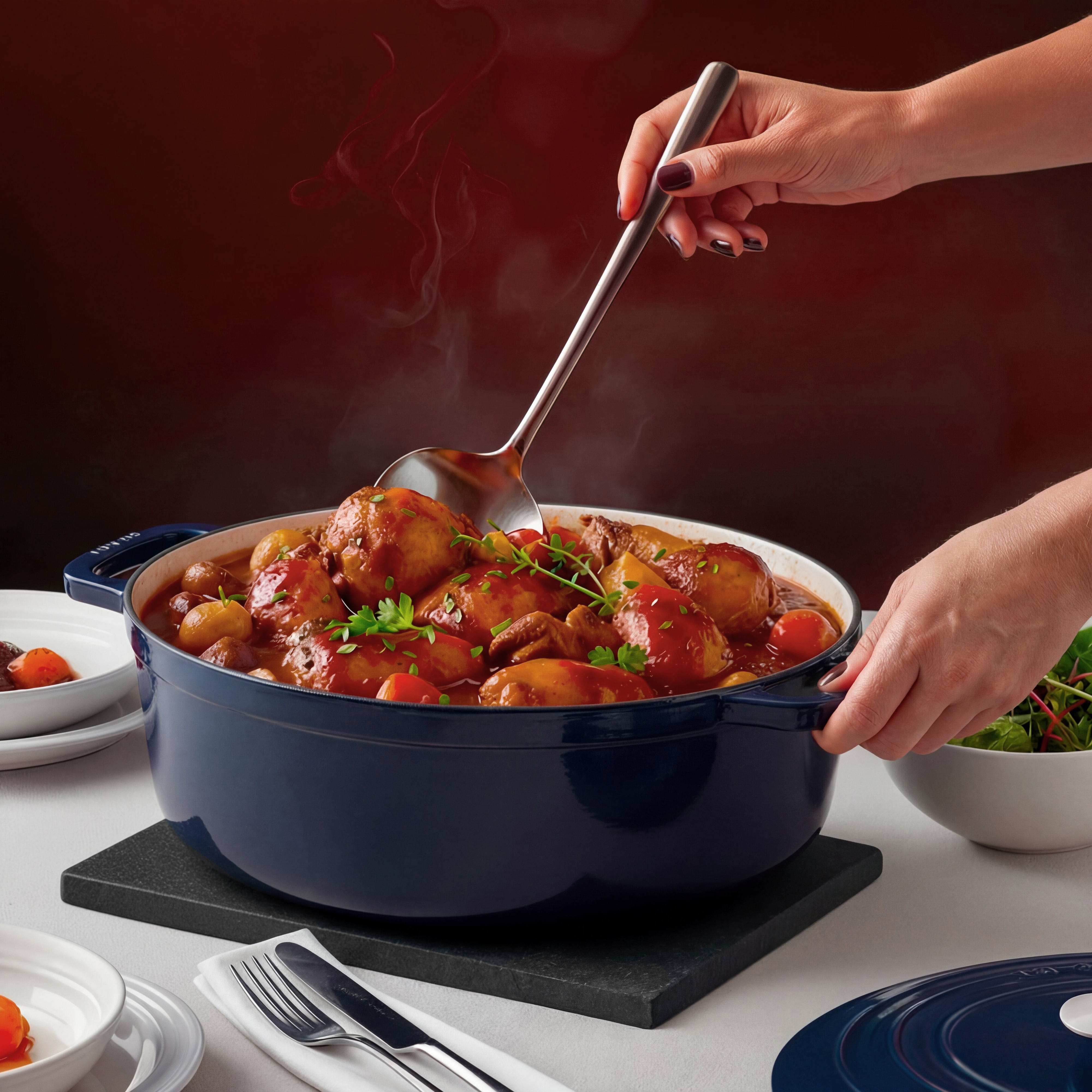 Eine Person schöpft herzhaftes Gulasch aus einem blauen Topf mit einem Schöpflöffel.