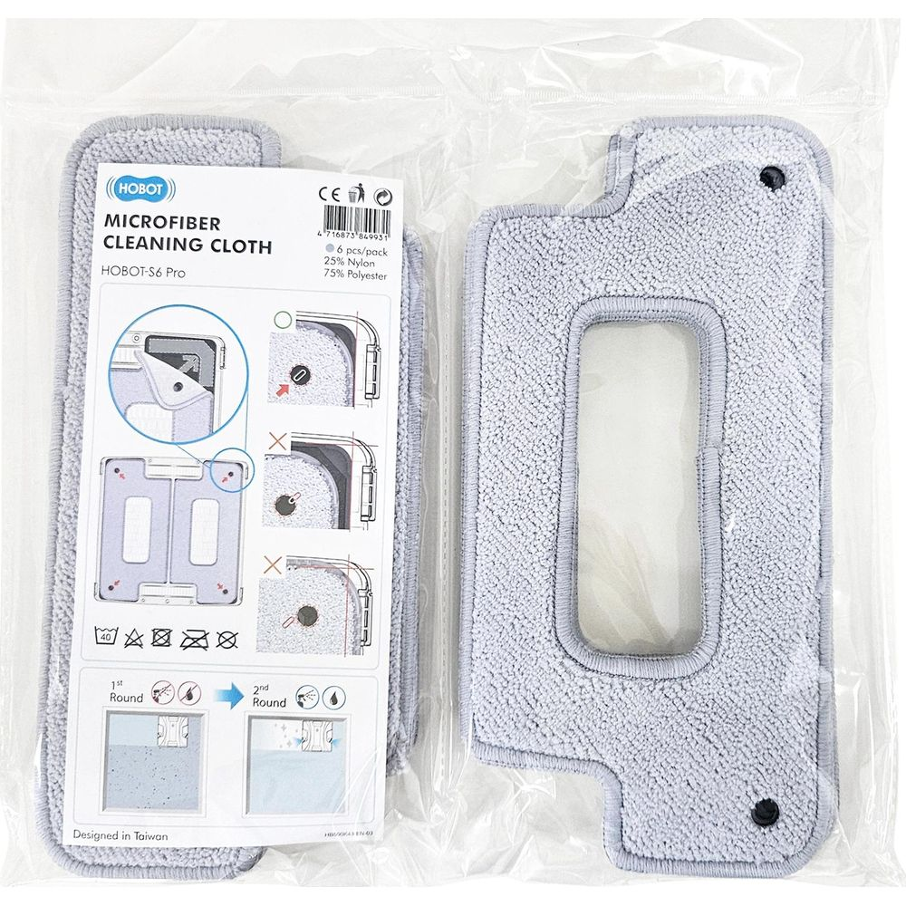 Chiffon de nettoyage microfibre gris pour HOBOT-S6 Pro, emballé avec instructions.
