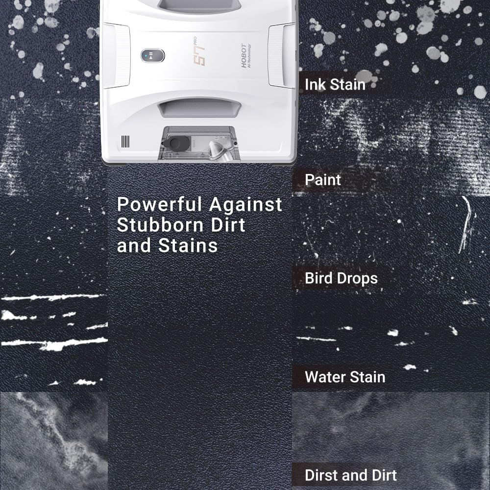 Robot lave-vitres blanc sur fond sombre avec des taches d'encre, de peinture, d'excréments d'oiseaux.