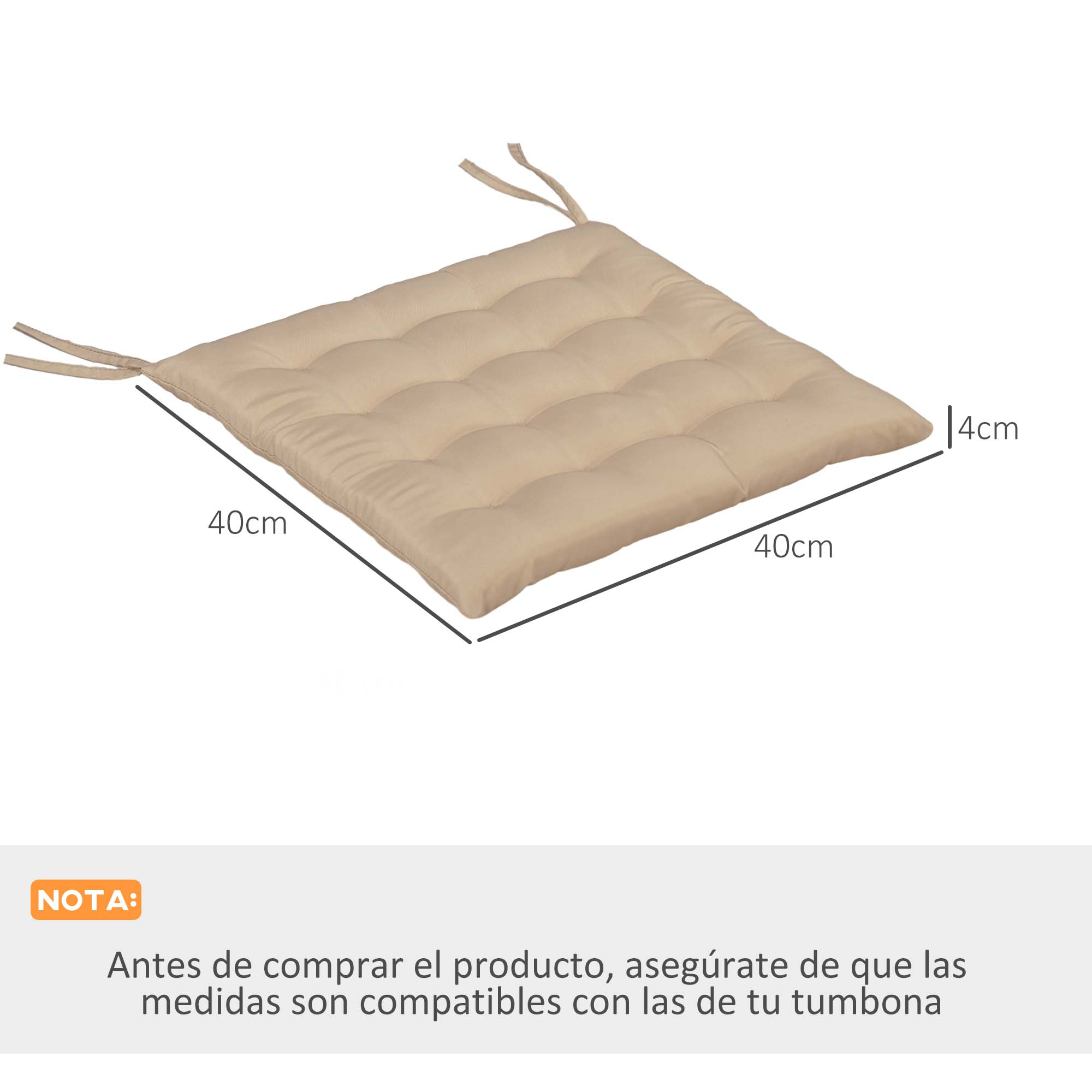 Cojín beige, 40x40cm, 4cm de grosor, con cintas y costuras.