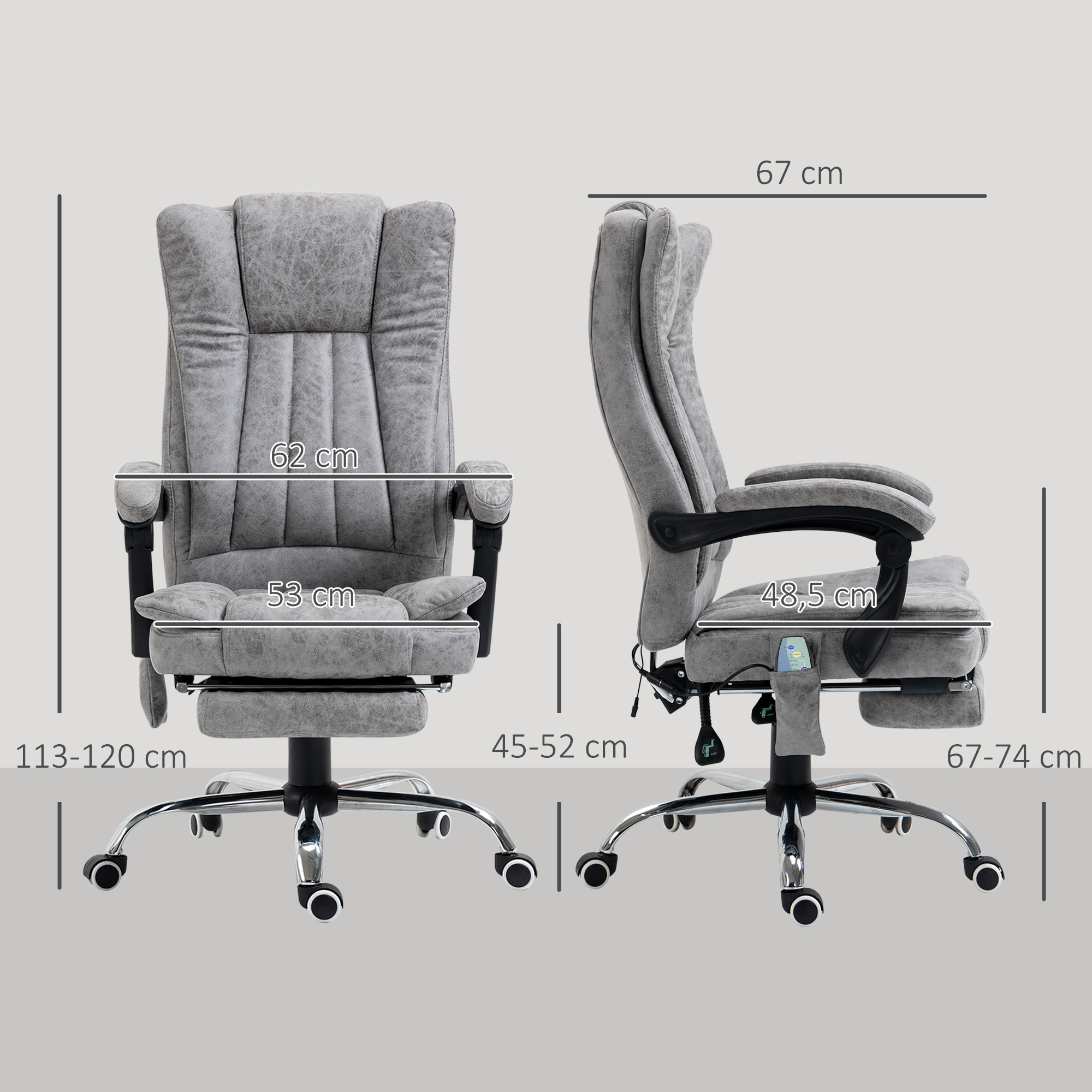 Silla de oficina gris con reposapiés y dimensiones. Vista frontal y lateral.