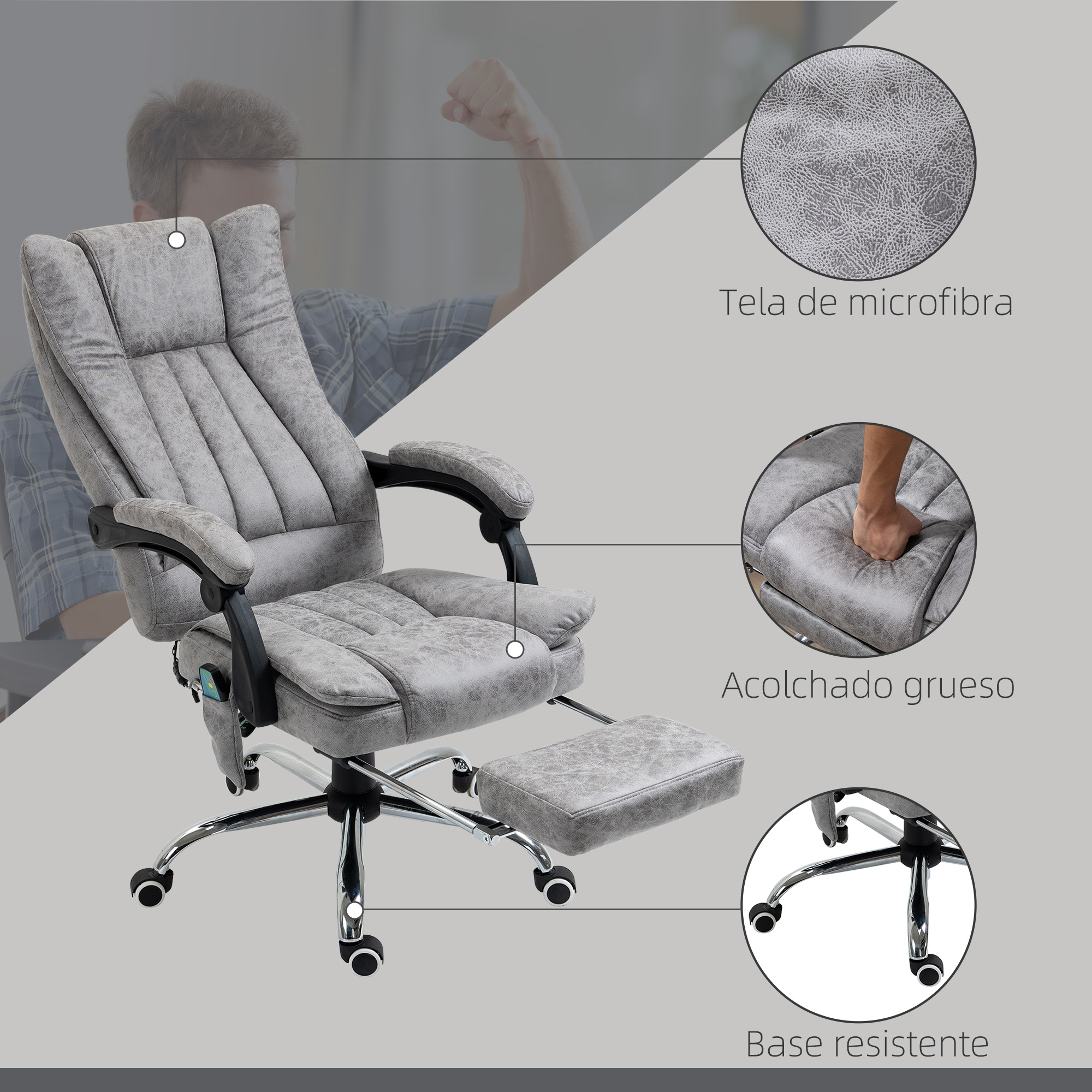 Silla de oficina gris con reposapiés, microfibra, acolchado y ruedas.