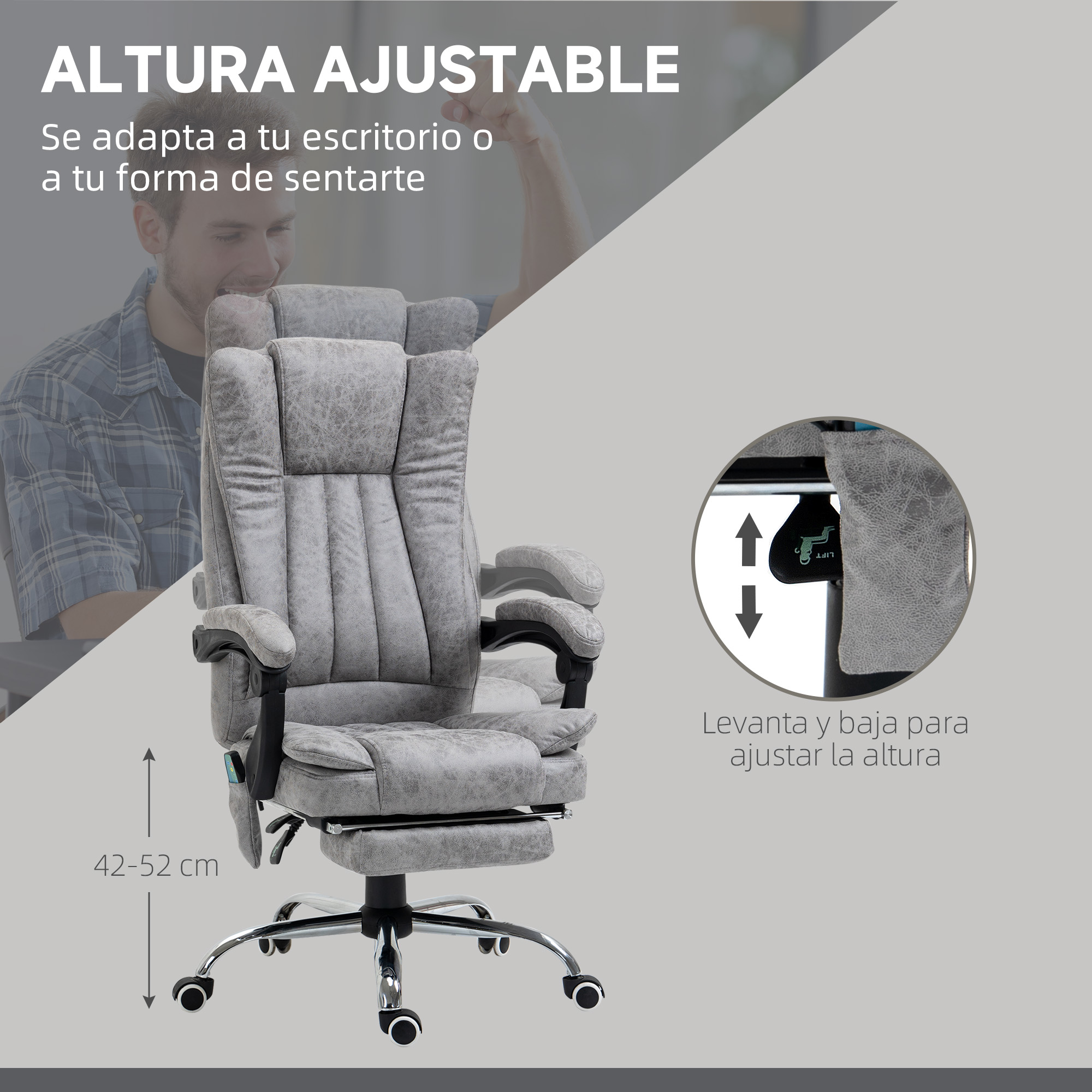Silla de oficina gris con altura y reposapiés ajustables. Hombre al fondo.