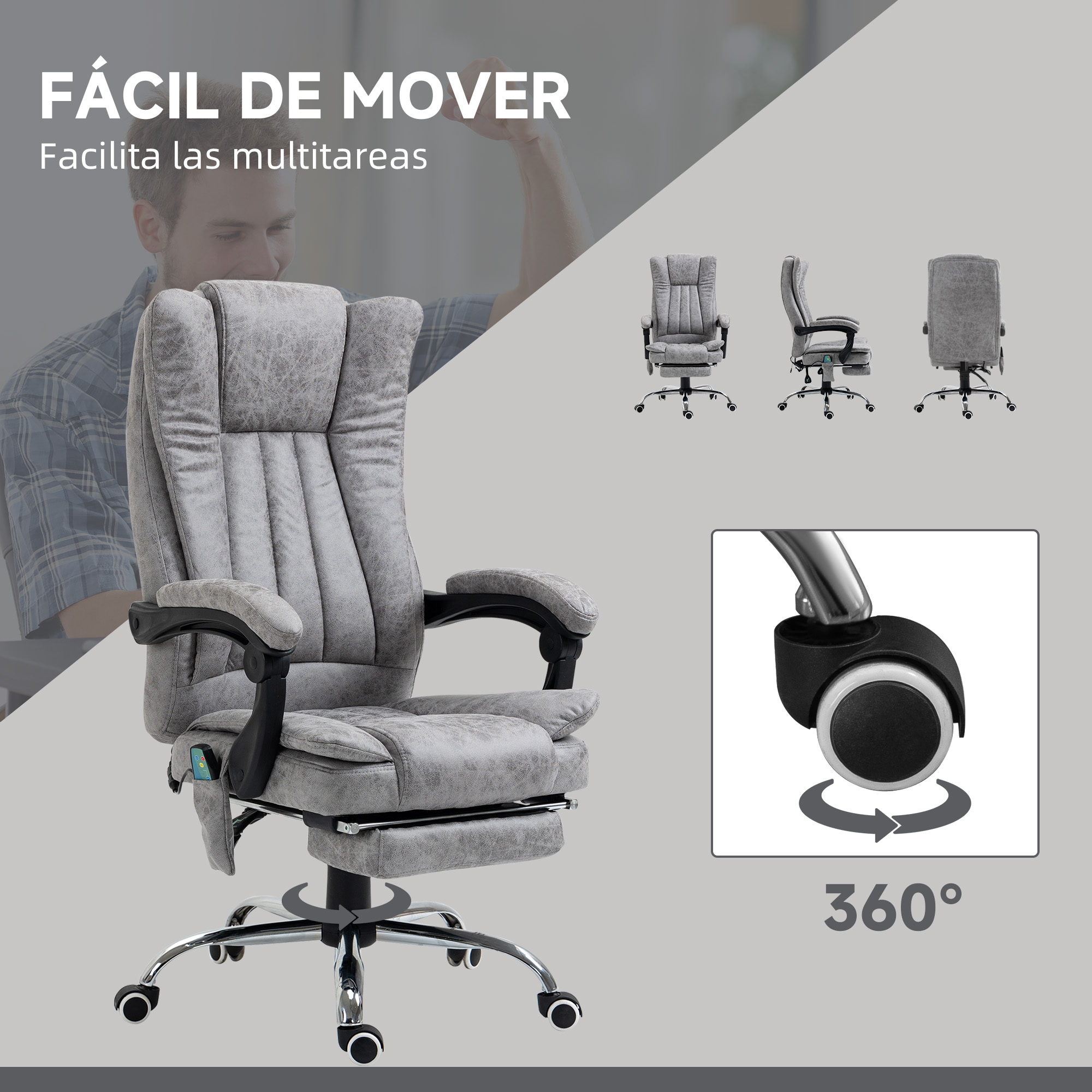 Silla de oficina gris con reposapiés y ruedas. Gira 360 grados.