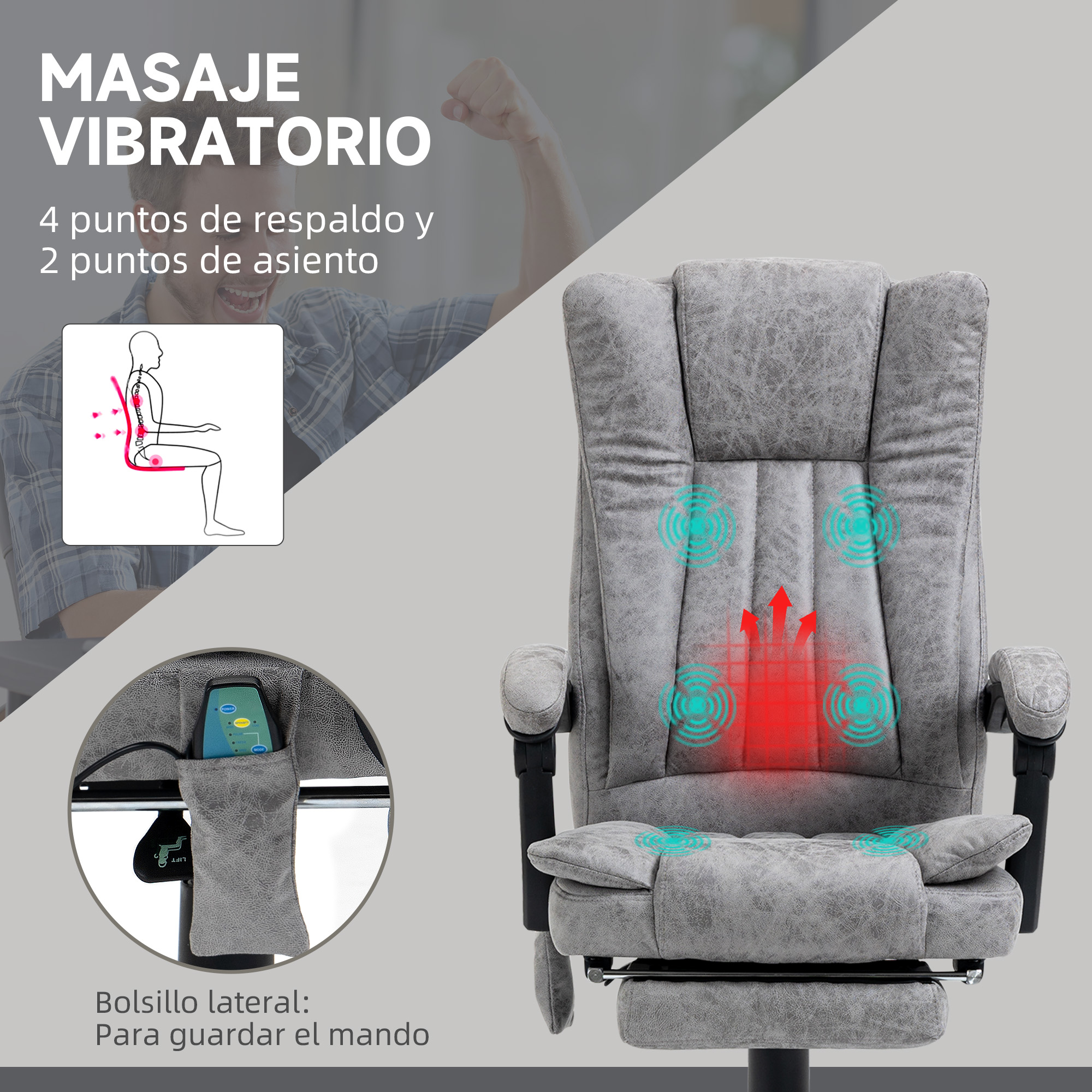 Sillón de masaje gris con indicadores de vibración, mando en bolsillo lateral.