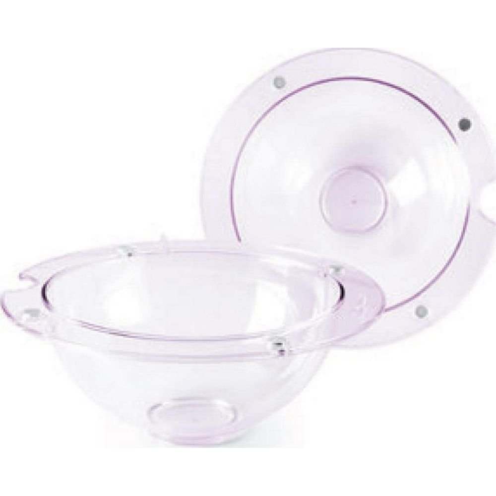 Bol et couvercle transparents avec accents violets sur fond blanc.
