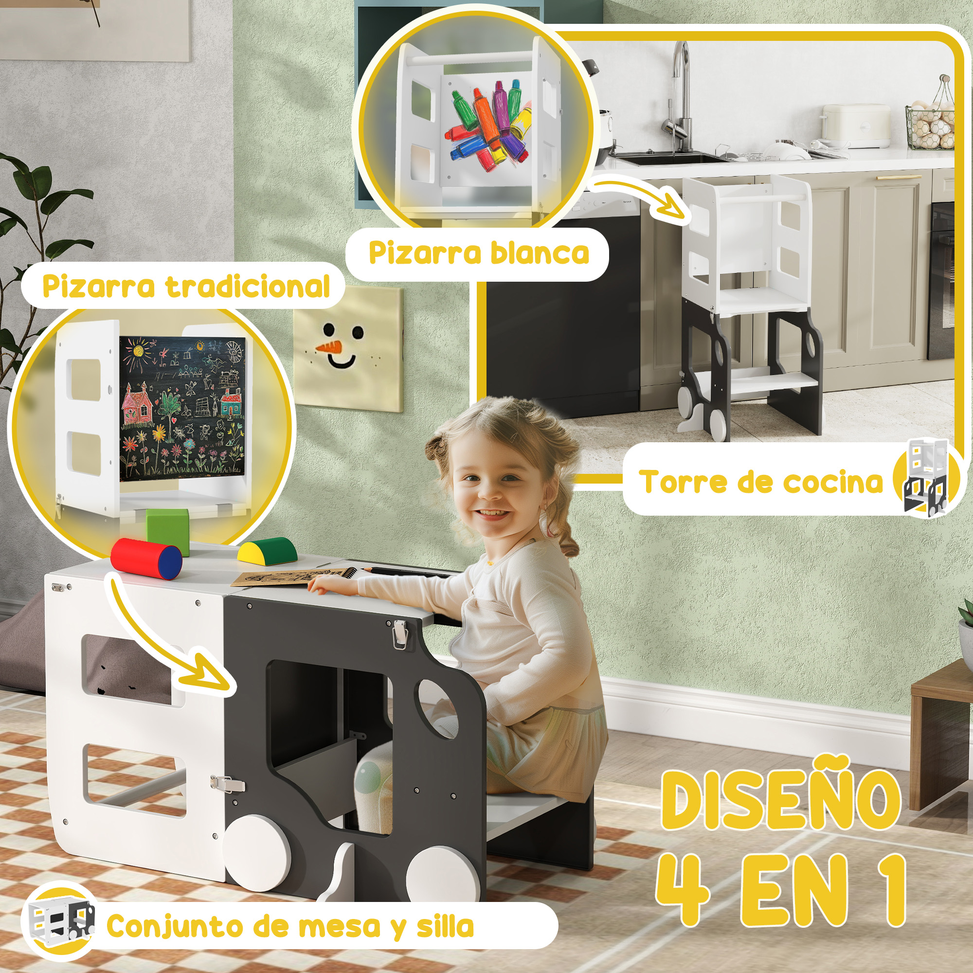 Un niño se sienta a una mesa junto a una pizarra y una pizarra blanca.