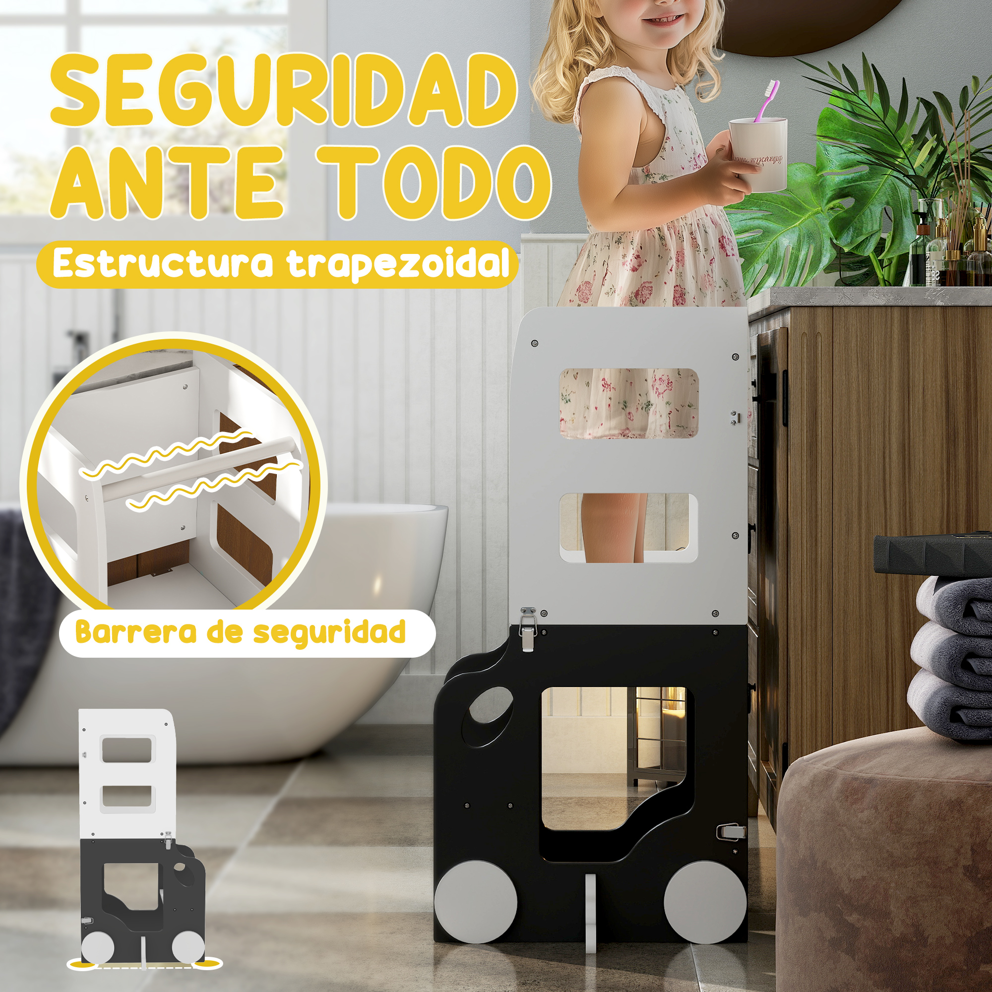 Una niña pequeña está de pie en un taburete sosteniendo un cepillo de dientes en una taza.