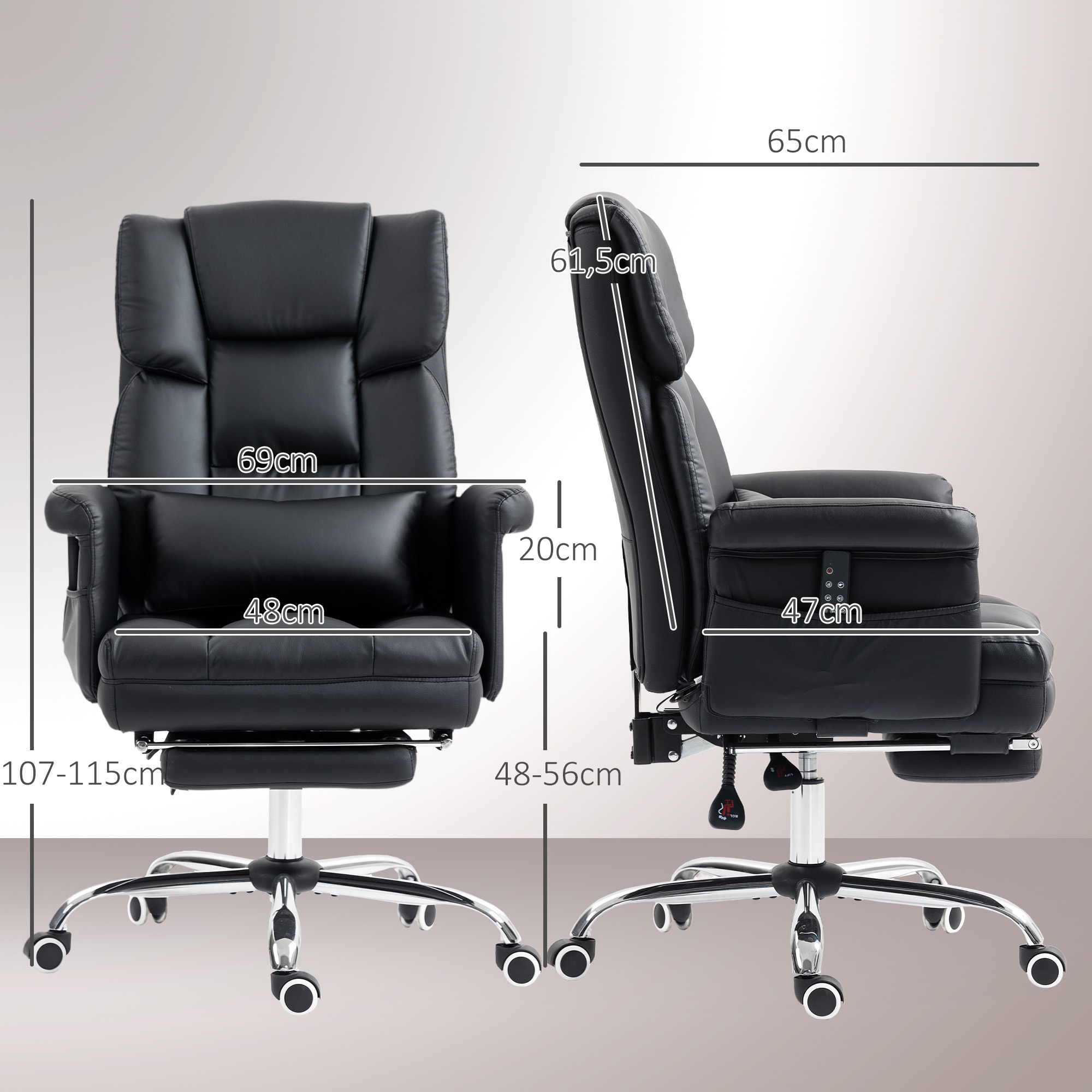 Silla de oficina negra con dimensiones, reposapiés y mando a distancia.