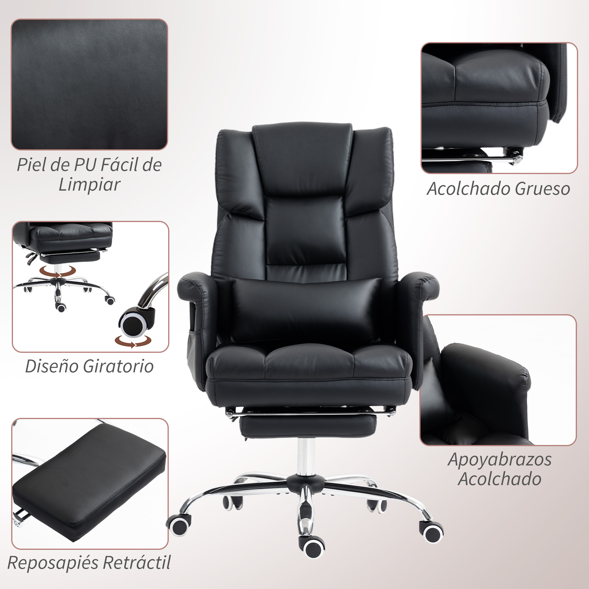 Silla de oficina negra con reposapiés, reposabrazos y altura regulable.