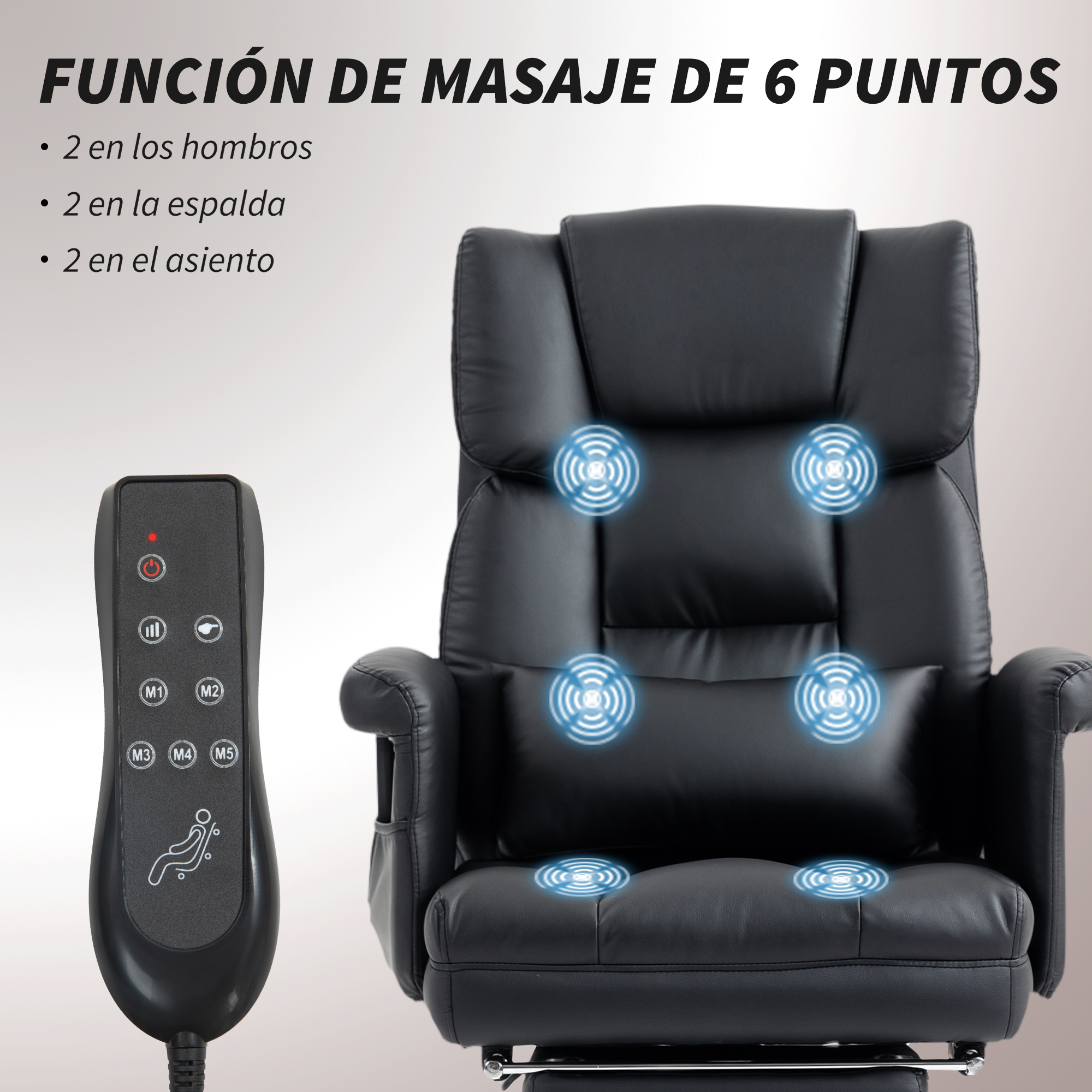 Silla de masajes negra con control remoto, mostrando 6 puntos.